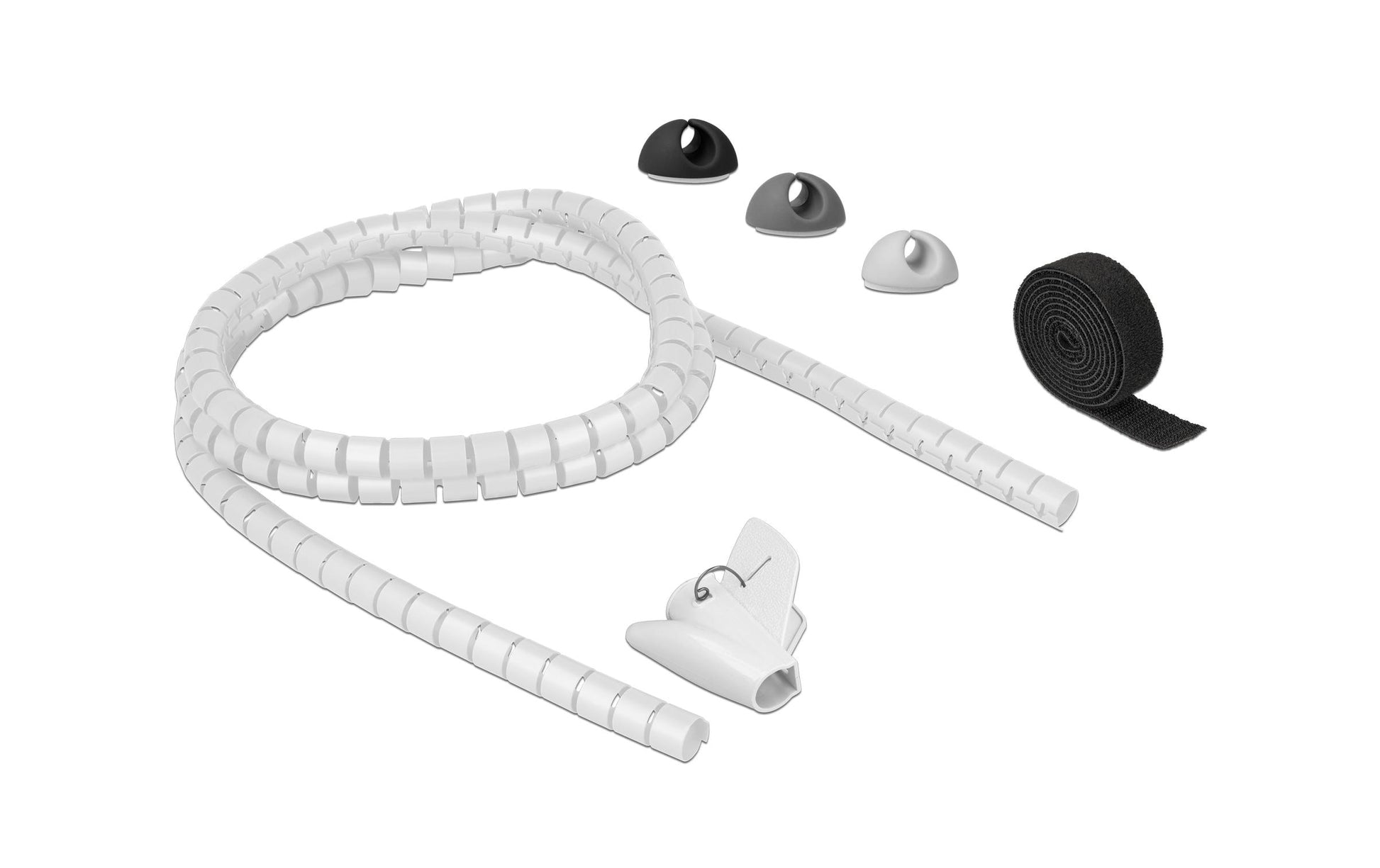 DeLOCK Kabel-Flexrohr Kabelschlauch – 15 mm × 1,5 m – Kabelhalter, Klettband – Schwarz/Grau/Weiss – 5er-Set