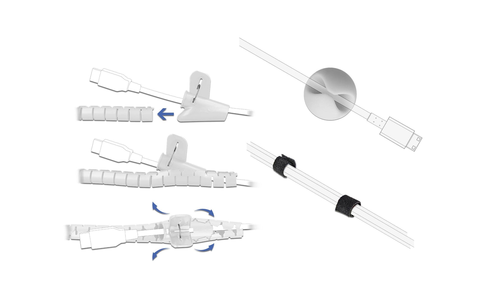 DeLOCK Kabel-Flexrohr Kabelschlauch – 15 mm × 1,5 m – Kabelhalter, Klettband – Schwarz/Grau/Weiss – 5er-Set