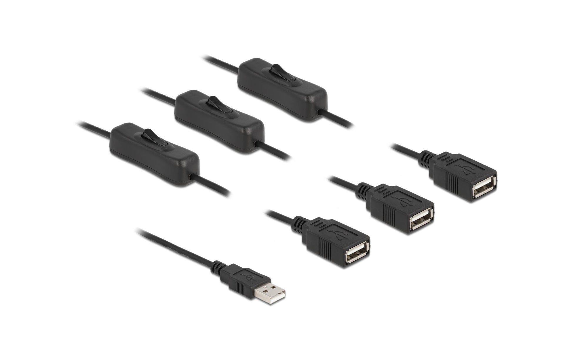 DeLOCK Spezial Stromkabel – USB-A zu 3× USB-A, 1 m, mit Schalter, Schwarz