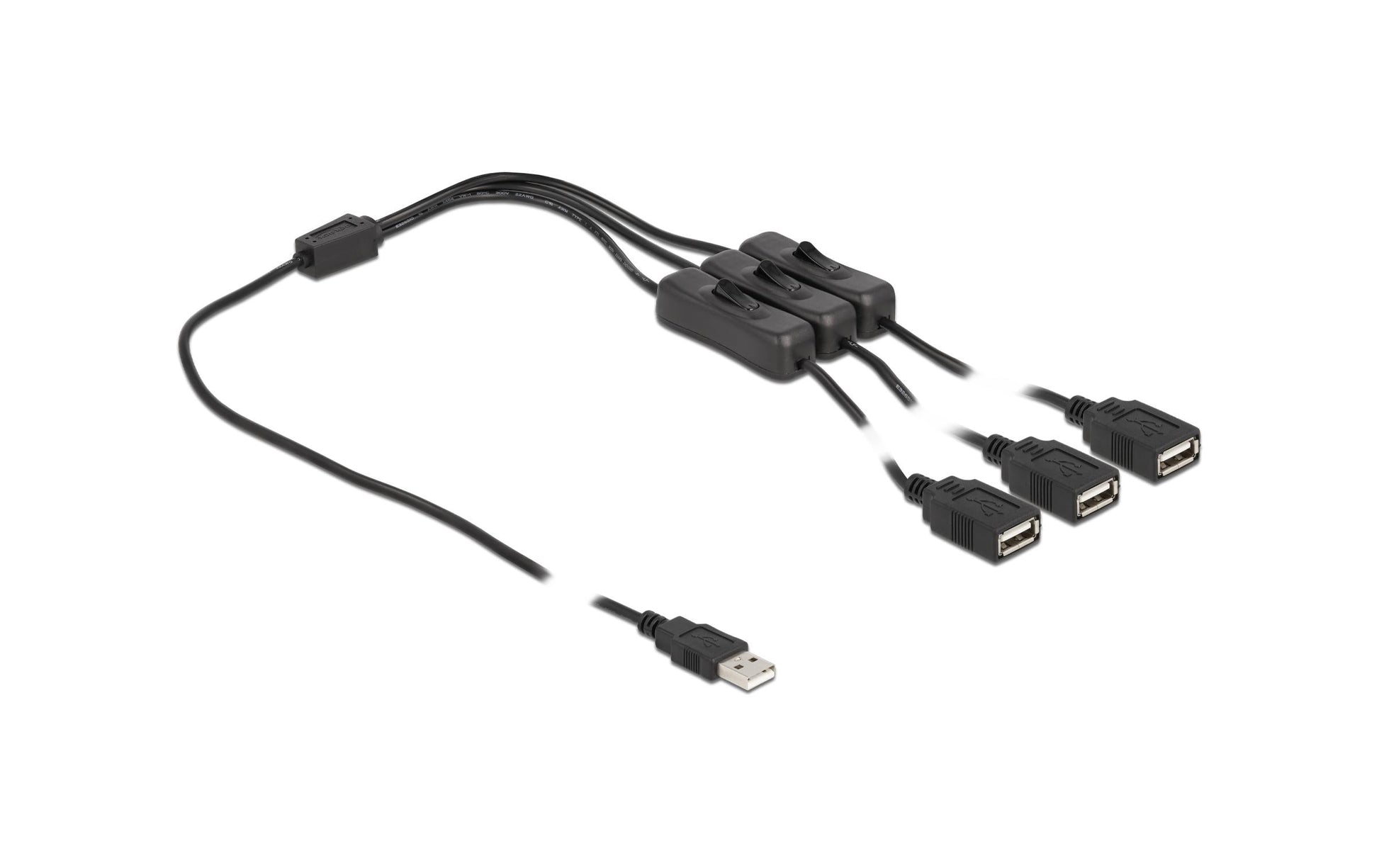 DeLOCK Spezial Stromkabel – USB-A zu 3× USB-A, 1 m, mit Schalter, Schwarz