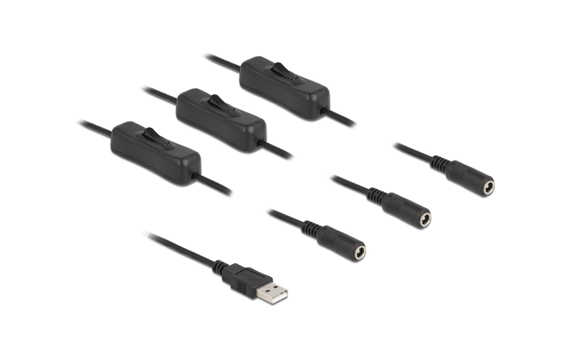 DeLOCK Spezial Stromkabel – USB-A zu 3× DC 5,5×2,1 mm, 1 m, mit Schalter, Schwarz