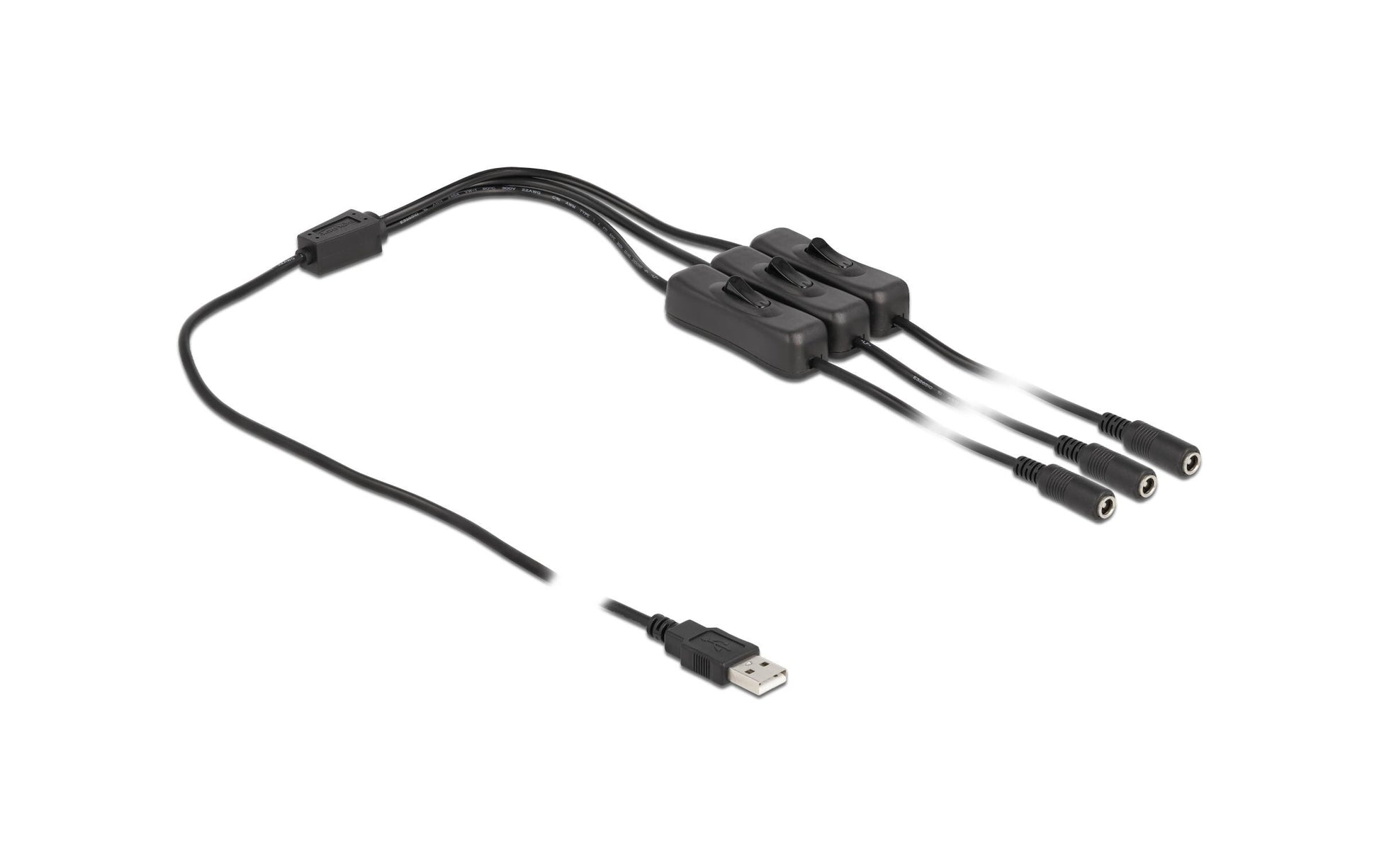 DeLOCK Spezial Stromkabel – USB-A zu 3× DC 5,5×2,1 mm, 1 m, mit Schalter, Schwarz