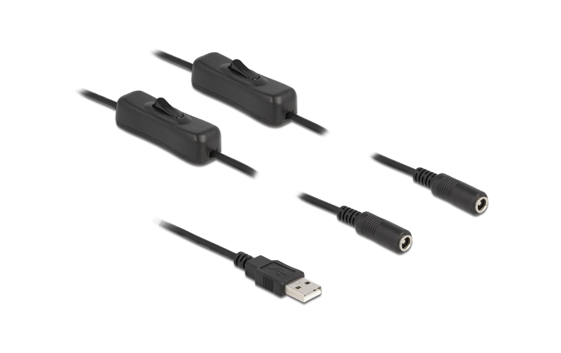 DeLOCK USB-A zu 2× DC 5,5×2,1 mm Stromkabel – 1 m, mit Schalter, Schwarz