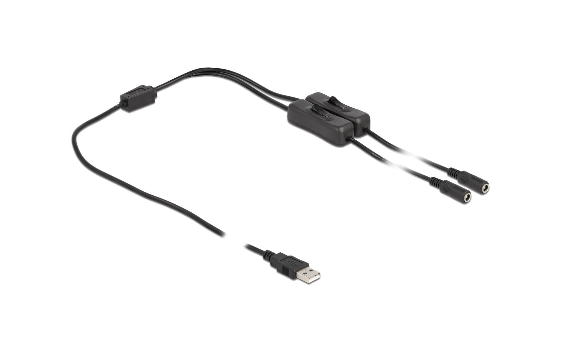 DeLOCK USB-A zu 2× DC 5,5×2,1 mm Stromkabel – 1 m, mit Schalter, Schwarz