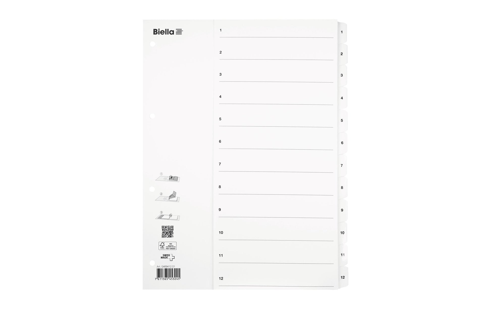 Biella SmartIndex Register – A4, 12-teilig, Karton, weiss, vorgedruckt, 11-fach Lochung, für A4-Ordner