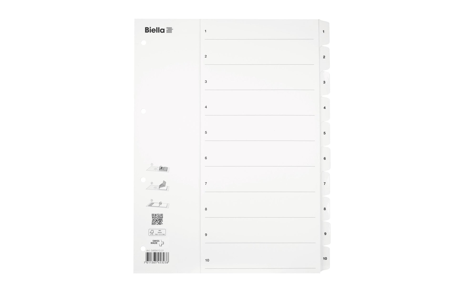 Biella SmartIndex Register – A4, 10-teilig, Karton, weiss, vorgedruckt, verstärkte Taben, für A4-Ordner