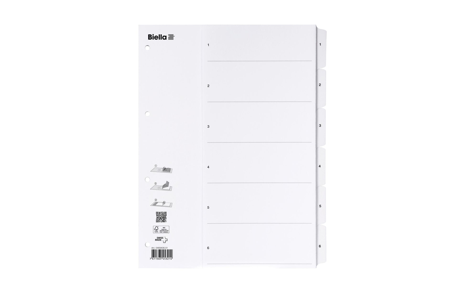 Biella Register – A4, 6-teilig, Karton, weiss, vorgedruckt, SmartIndex, verstärkte Tabs