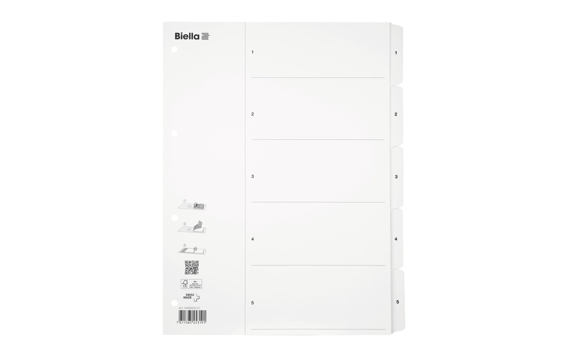 Biella SmartIndex Register – A4, 5-teilig, Karton, weiss, vorgedruckt, verstärkte Taben, Indexblatt
