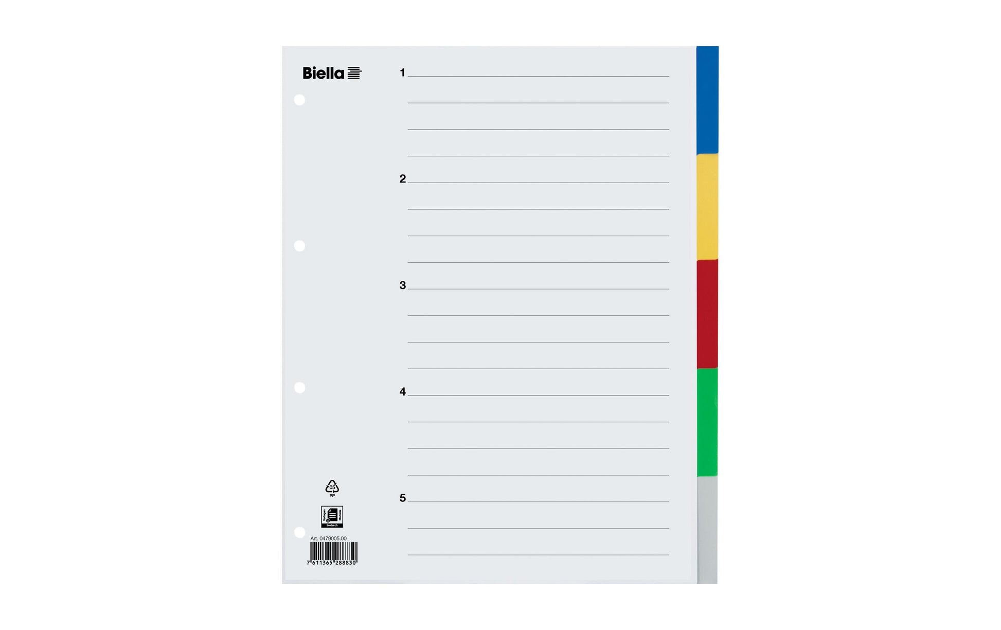 Biella Register – A4, 5-teilig, Kunststoff, farbig, unbedruckt, mit Indexblatt, 4-fach gelocht