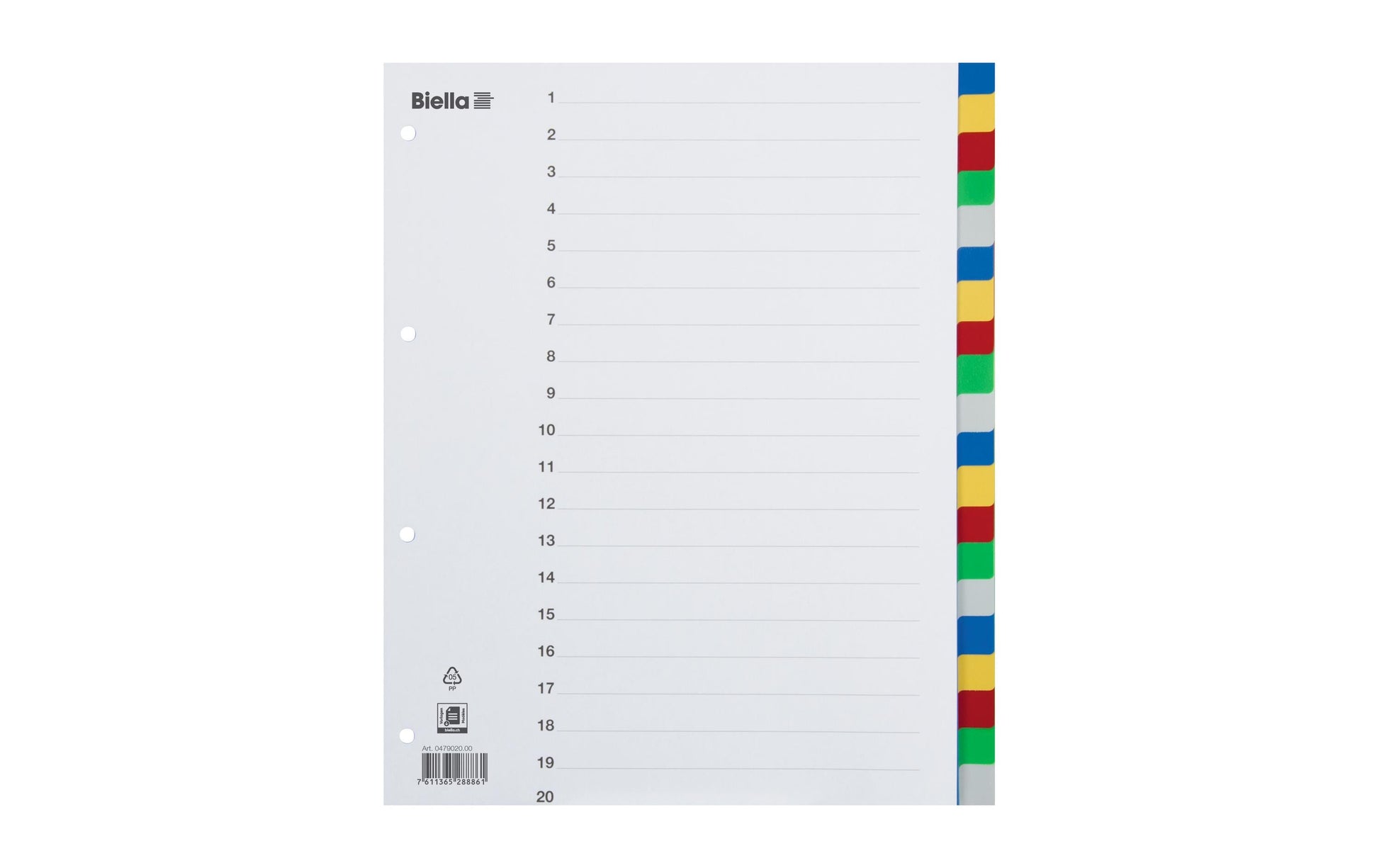 Biella Register – A4, 20-teilig, PP, farbig, unbedruckt, mit Indexblatt, 4-fach gelocht, für Zeigebuchtaschen