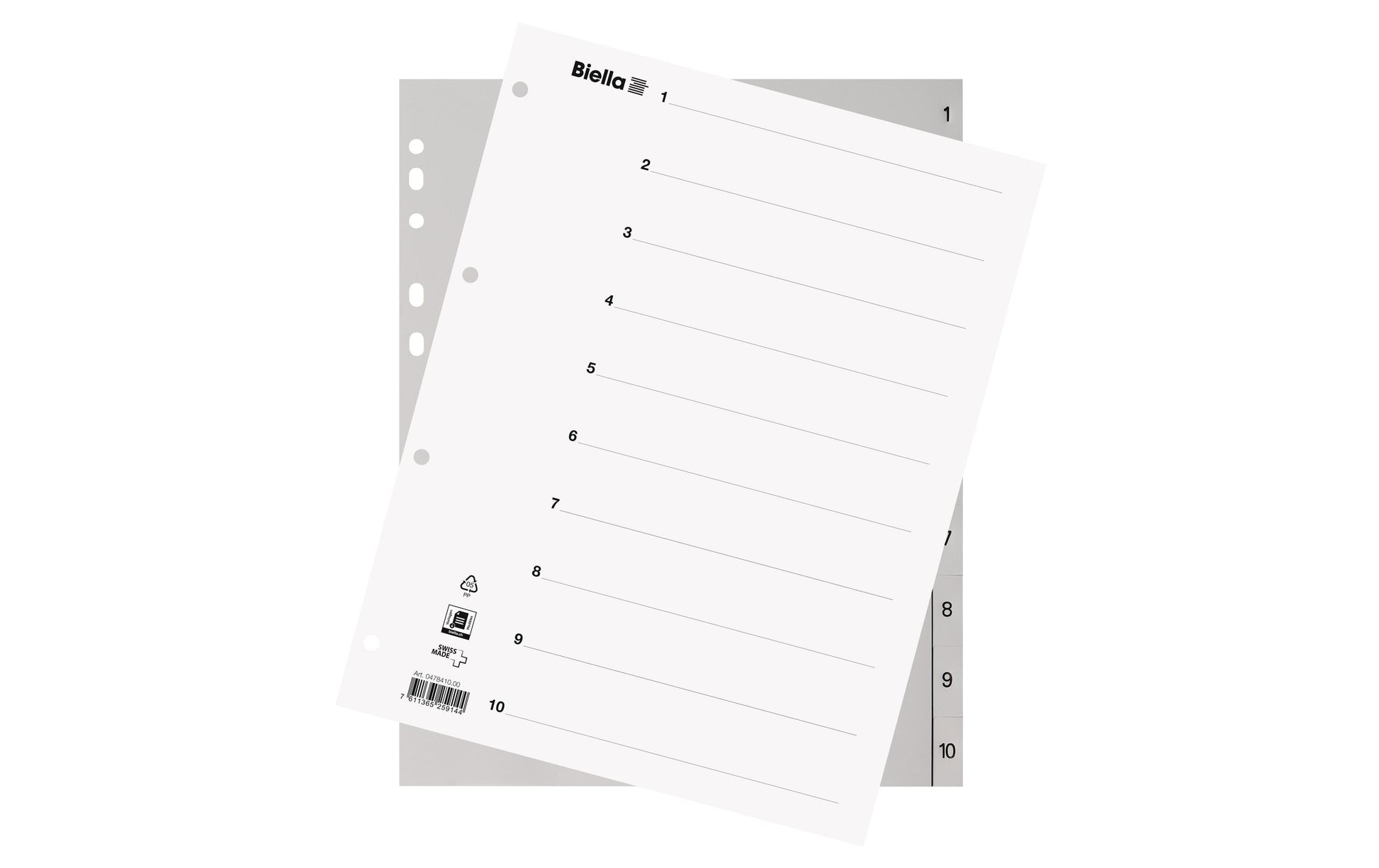 Biella Register – A4 überbreit, 10-teilig, PP, grau, vorgedruckt, mit Indexblatt, 11-fach Lochung
