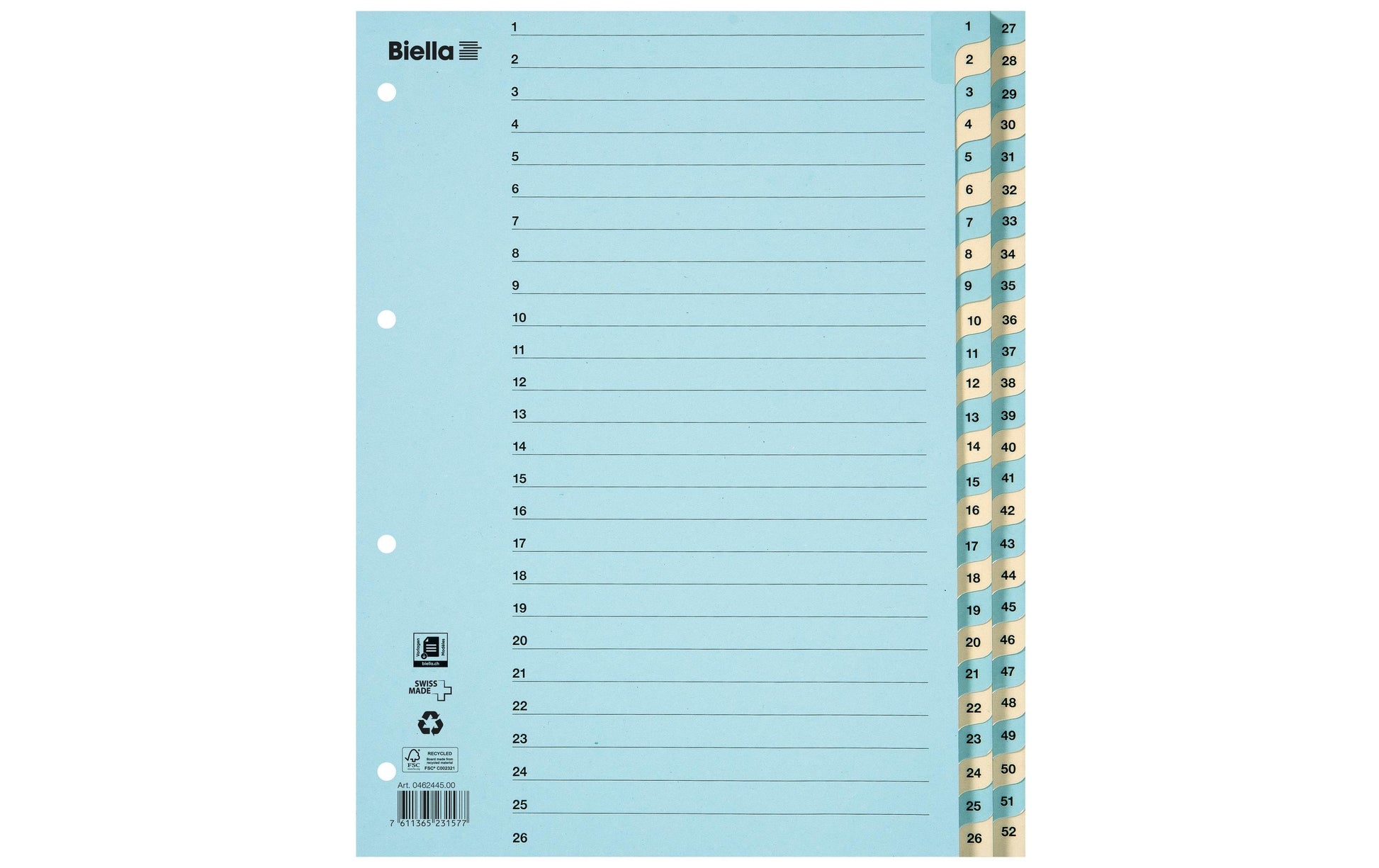 Biella Register – A4, Karton, farbig, vorgedruckt, 11-fach Lochung, mit Indexblatt