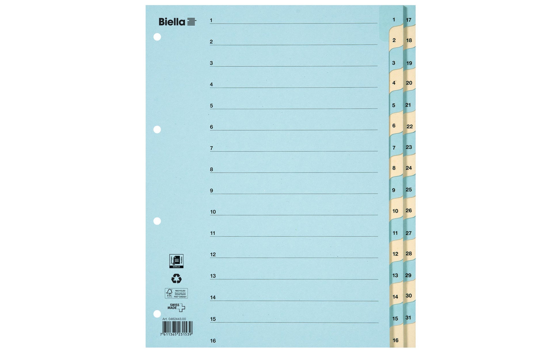 Biella Register – Vollformat, 31-teilig, Karton, mehrfarbig, vorgedruckt, verstärkte Tabs, 11-fach-Lochung, für A4