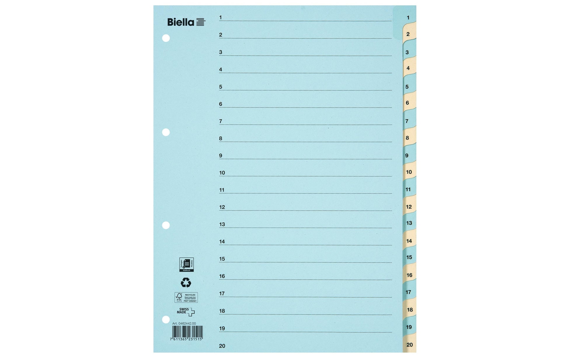 Biella Register – A4, 20-teilig, Karton, blau/gelb, vorgedruckt, verstärkte Tabs, 11-fach Lochung