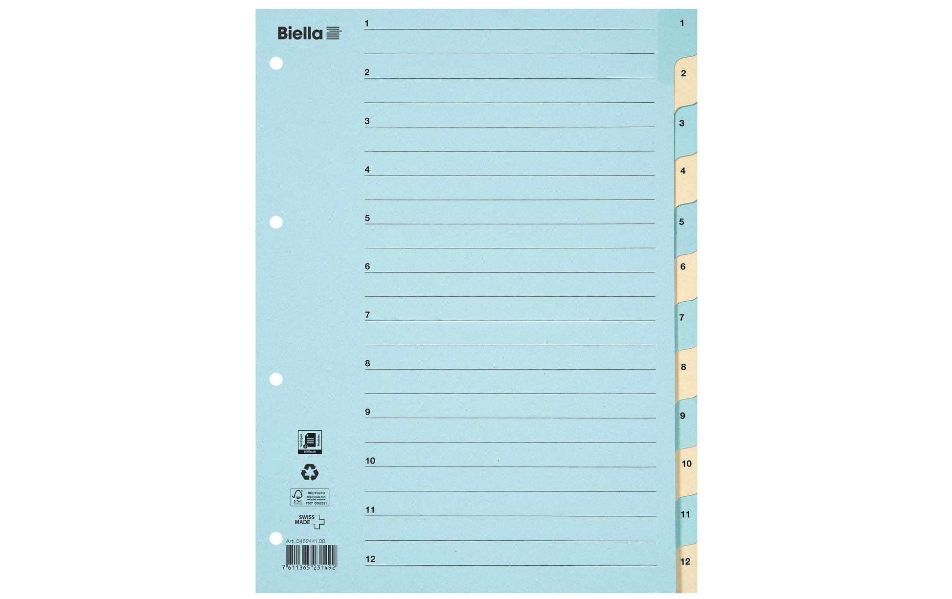 Biella Register – A4, 12-teilig, Karton, farbig, vorgedruckt, Indexblatt, 11-fach gelocht