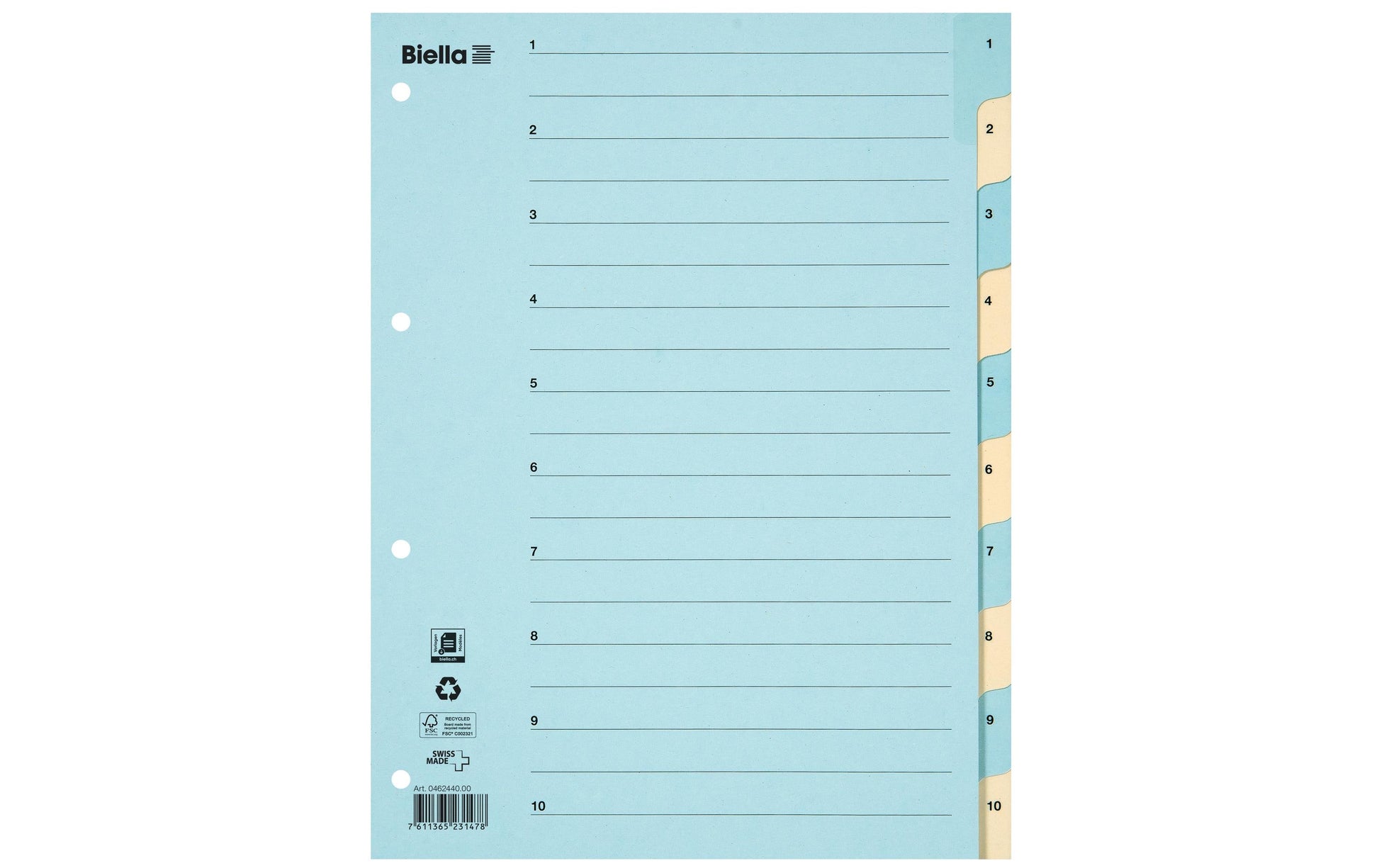 Biella Register – A4, 10-teilig, Karton, blau/gelb, vorgedruckt, 11-fach gelocht