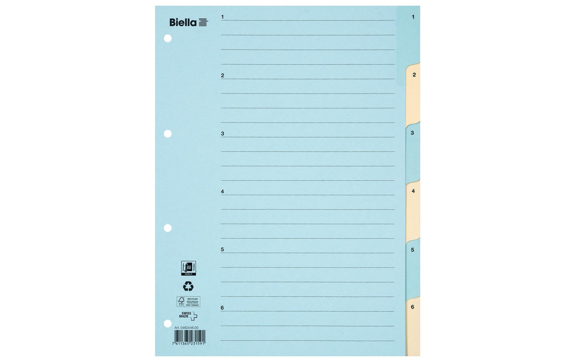 Biella Register – A4, 6-teilig, Karton, blau/gelb, vorgedruckt, 11-fach gelocht, verstärkte Tabs – für A4