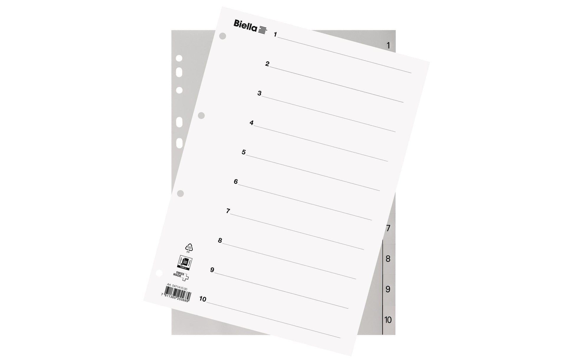 Biella Register A4 hoch – nummeriert 1–10, 10 Taben, PP grau, mit Indexblatt
