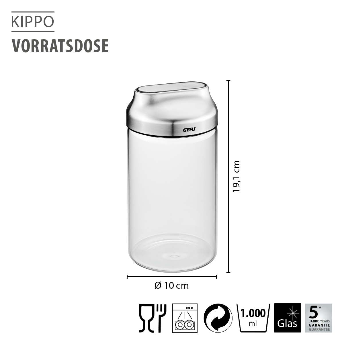 GEFU Vorratsdose 1 l, Ø 10 × 19,1 cm, Glas (Borosilikat)/Edelstahl, luftdicht, transparent