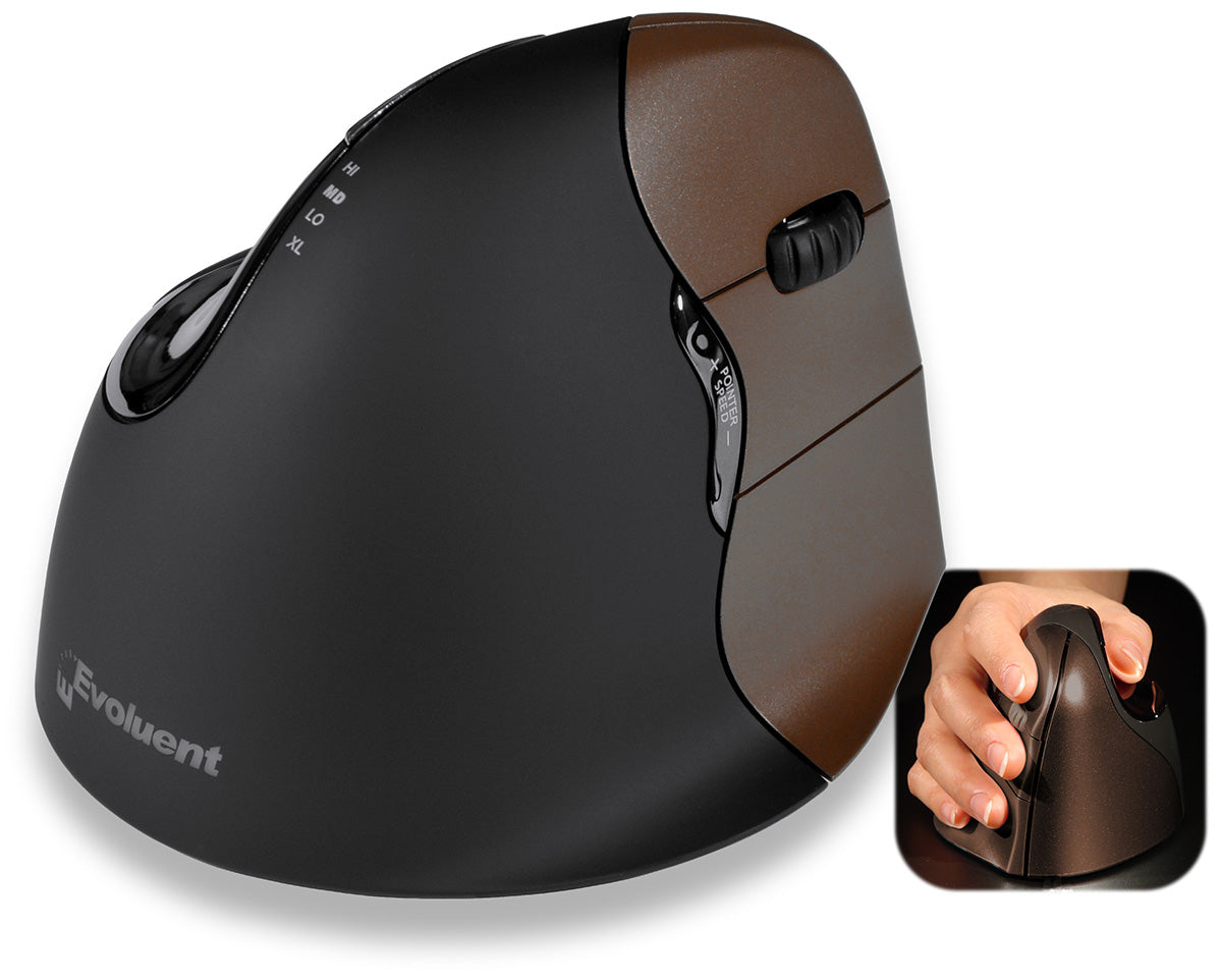 Evoluent VerticalMouse 4 Small Ergonomische Maus – kabellos, vertikal, programmierbare Tasten, schwarz/braun