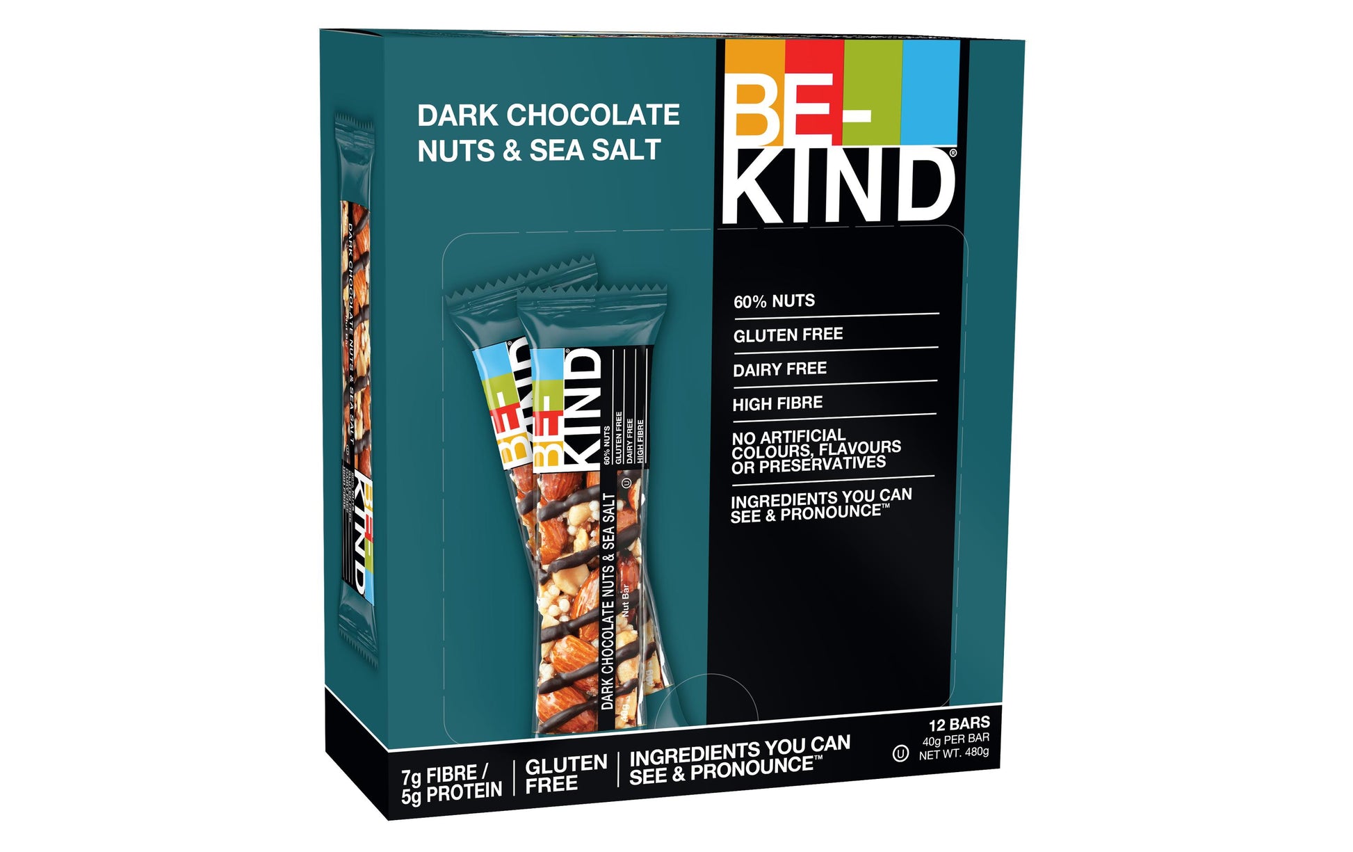 BE-KIND Schokoladenriegel – Nüsse & Meersalz, Dunkel, glutenfrei, laktosefrei, 12 × 40 g (480 g)