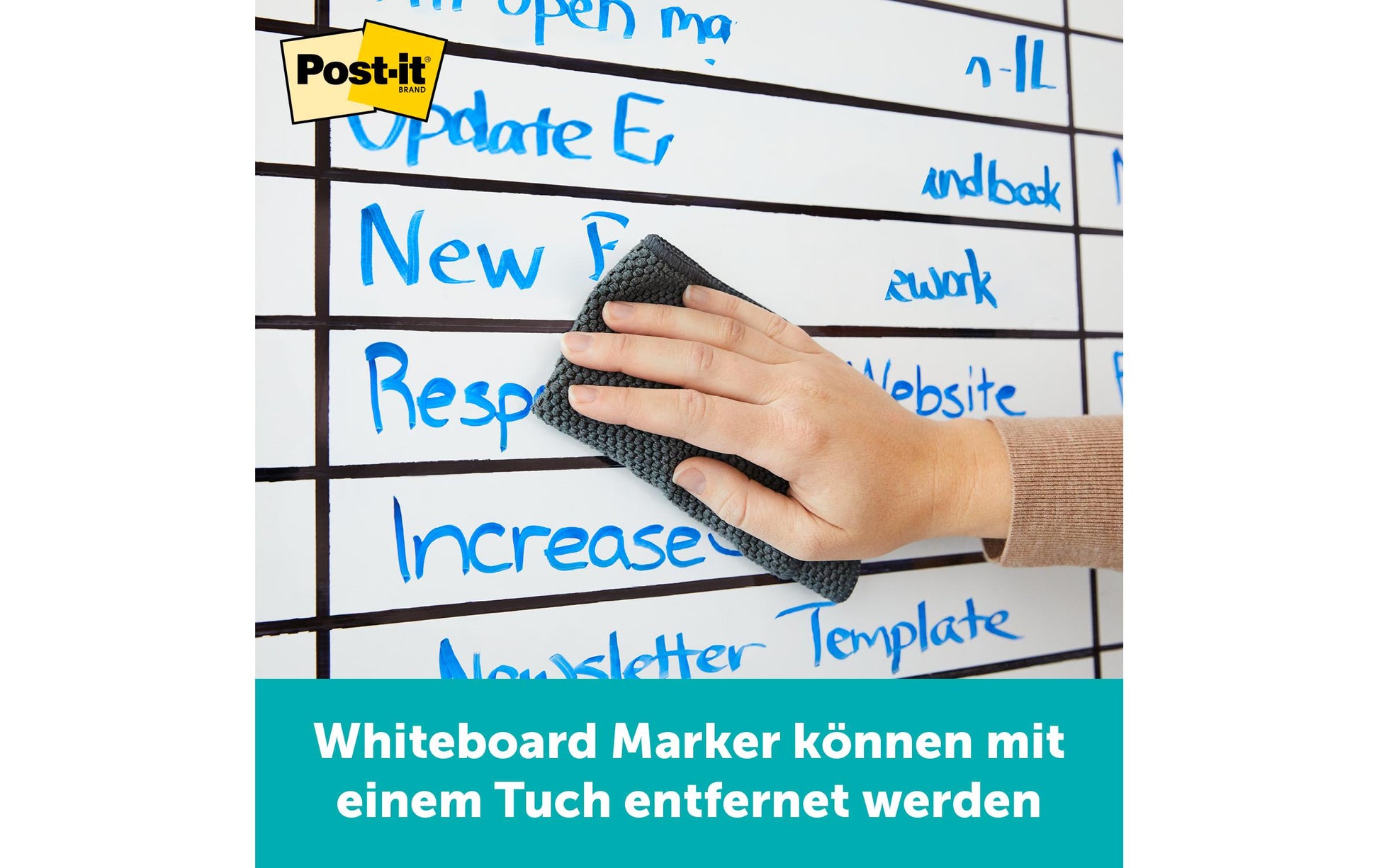 Post-It Whiteboard – 121,9 × 182,9 cm, Folie, Wandmontage, inkl. Mikrofasertuch, Wasserflasche