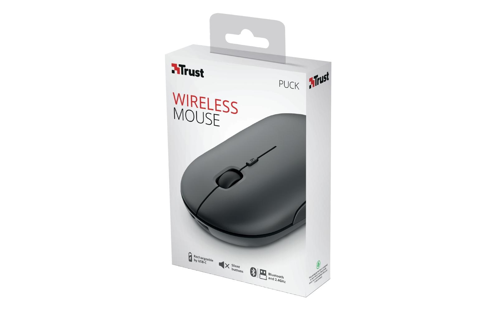 Trust Puck – Maus – Kabellos (Bluetooth/2,4 GHz), 1600 DPI, beidhändig, Schwarz