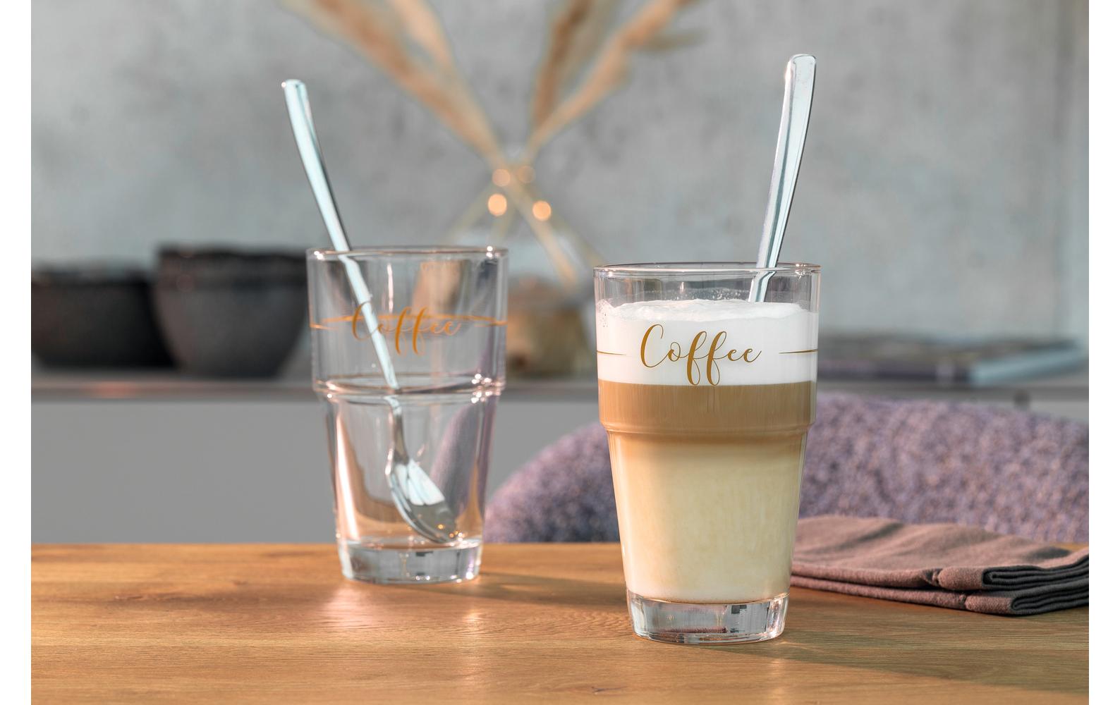 LEONARDO Latte Macchiato Glas – 2er Set, 410 ml, Ø 9,0 cm, Kalk-Natron-Glas, inkl. Löffel, spülmaschinenfest