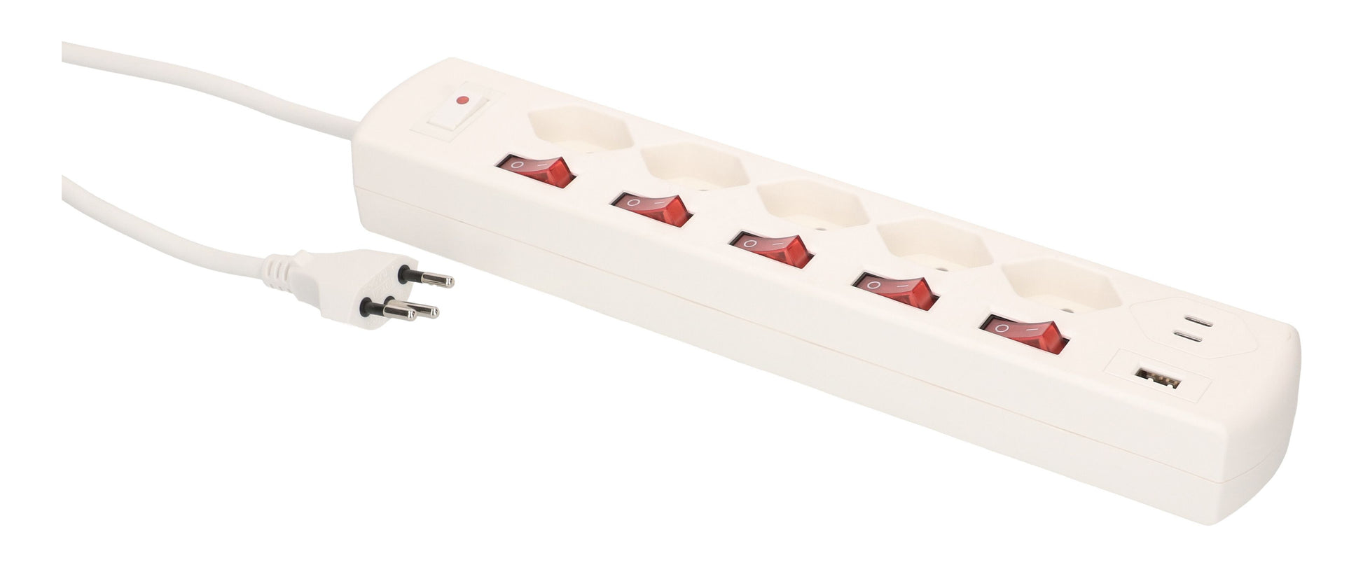 Max Hauri AG Max Hauri Steckdosenleiste, 5×T13, 1×USB‑A 18 W + 1×USB‑C PD 20 W, mit Schalter, 1,5 m, Eingang T12 – weiss
