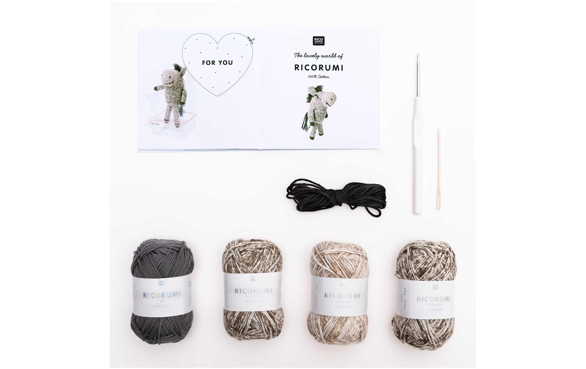 Rico Design Creative Ricorumi – Häkelset – Esel – 25 g, 57,5 m – 9-teilig – 100 % Baumwolle – Mehrfarbig