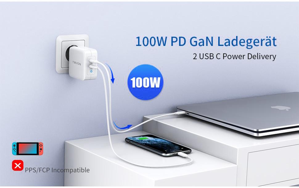 nevox Ladegerät – 100 W, 2× USB-C, PD