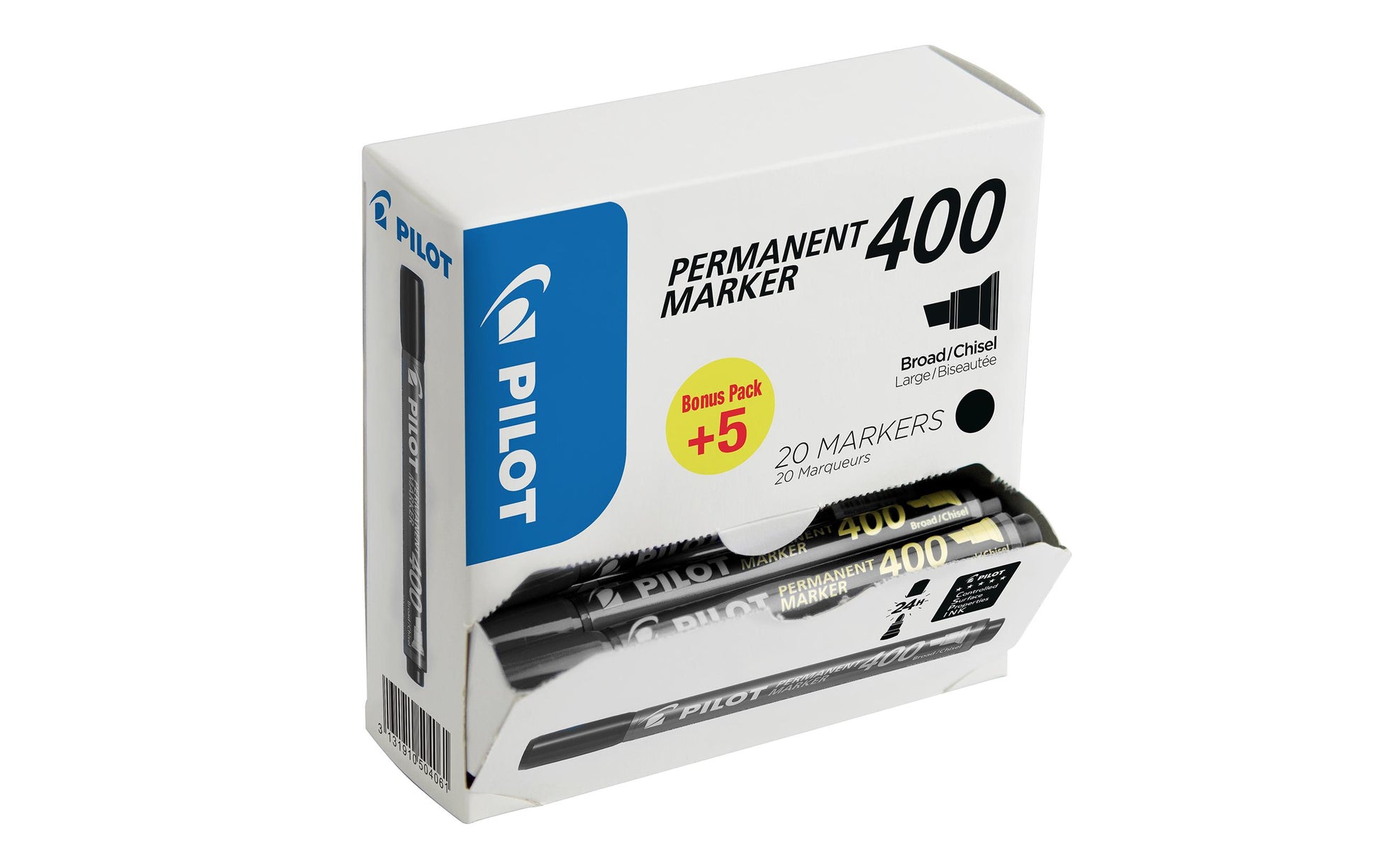 Pilot 400 XL Permanentmarker – Keilspitze 4 mm – Schwarz, 20er-Pack – für Karton, Glas und Metall