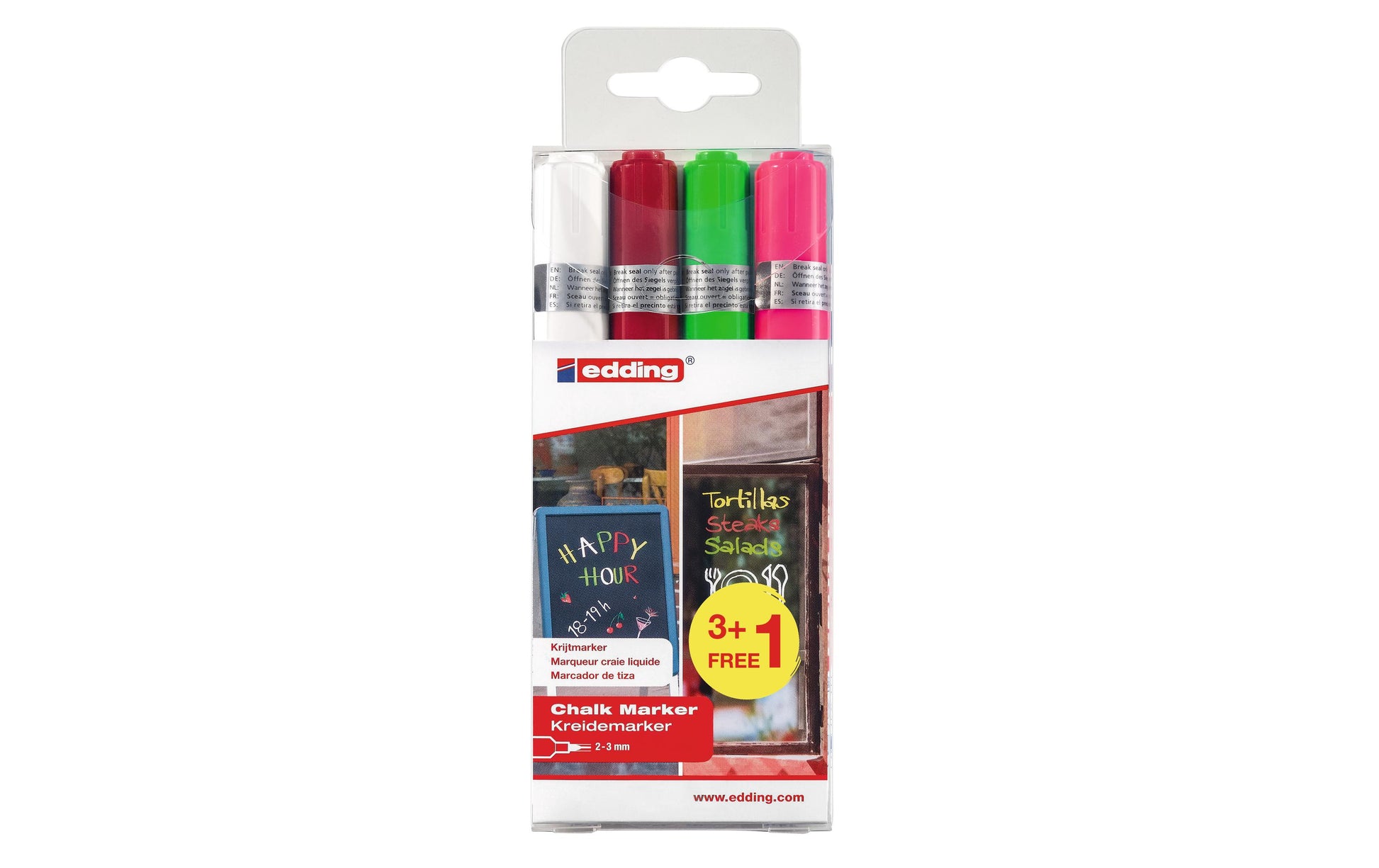 Edding 4095 Kreidemarker – Pinsel 2–3 mm – 4er-Set, Grün/Pink/Rot/Weiss