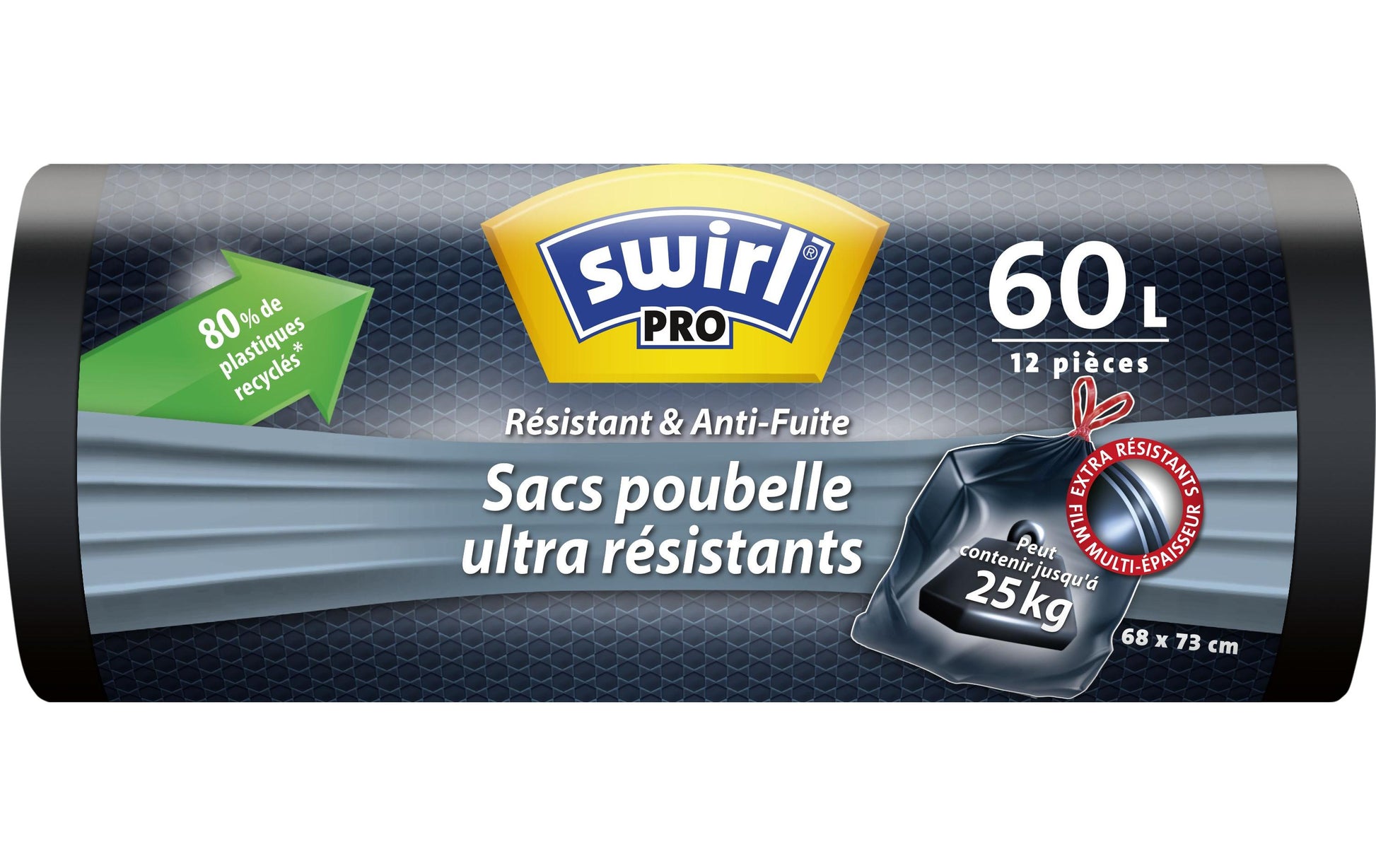 Swirl Kehrichtsack – 60 l, mit Zugband, PE, schwarz, 12 Stk
