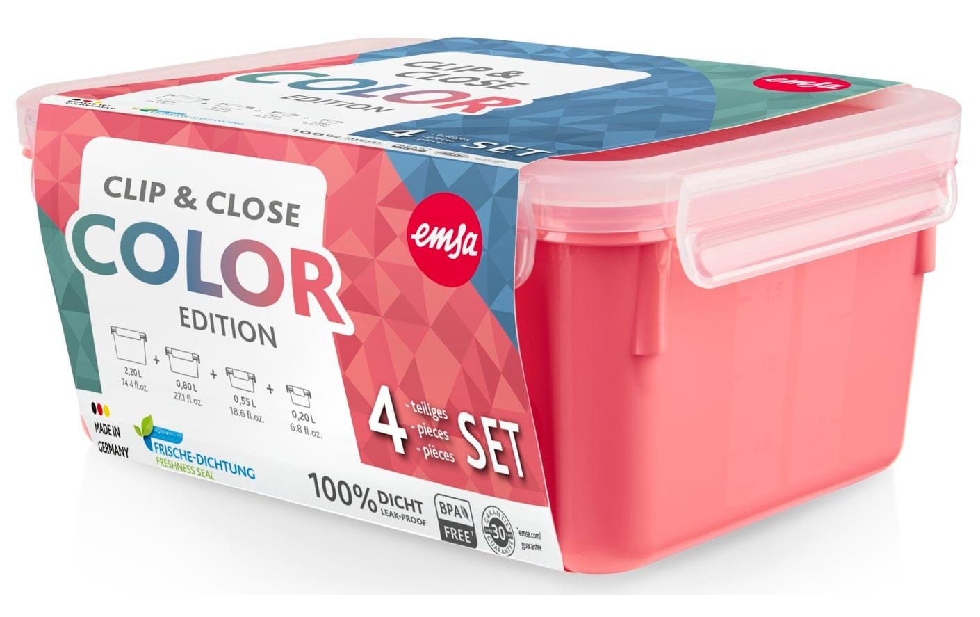 Emsa Vorratsdose Clip & Close – 0,2/0,55/0,8/2,2 l – eckig – 22,5 × 9,9 × 16,3 cm – PP/TPE – Koralle – 4 Stück
