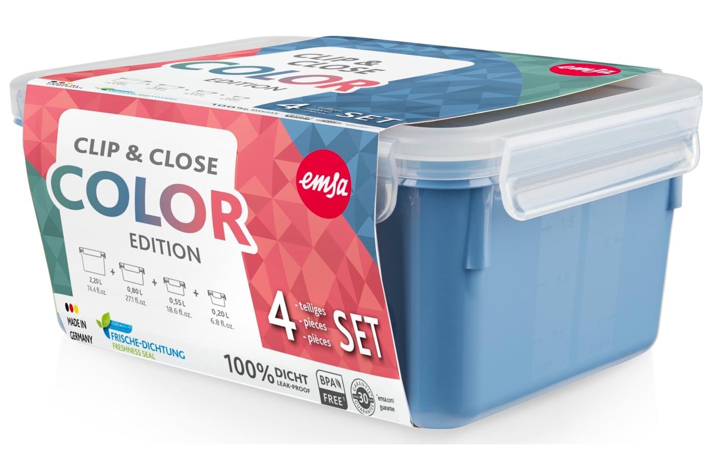 EMSA Clip & Close – Vorratsdose 200 ml, 550 ml, 800 ml, 2,2 l, Kunststoff (PP/TPE), 4-teilig, Blau