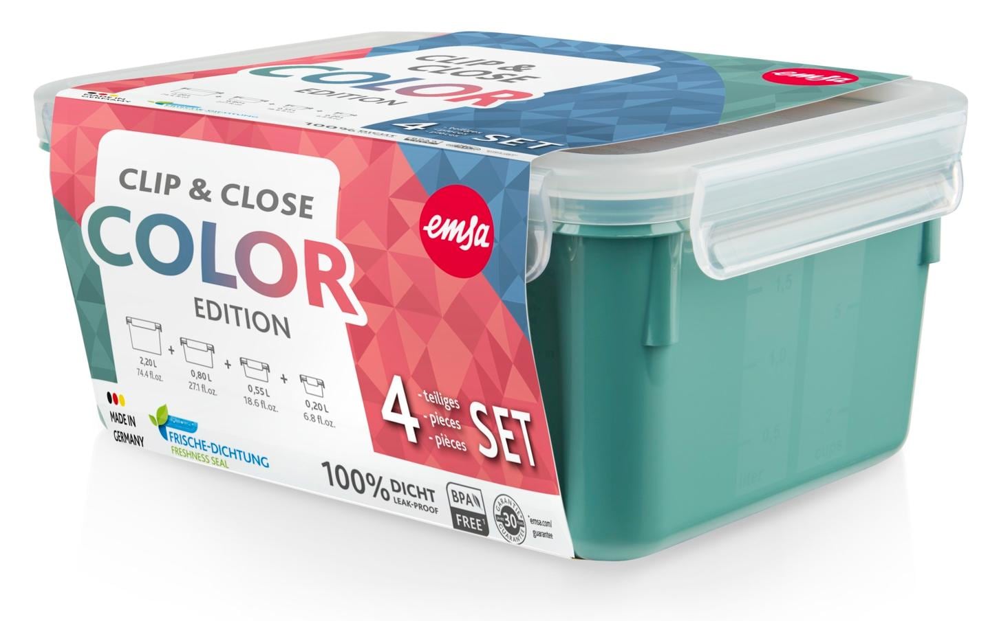EMSA Clip & Close – Vorratsdosen 4-teilig, 200/550/800 ml/2,2 l, PP/TPE, grün/transparent