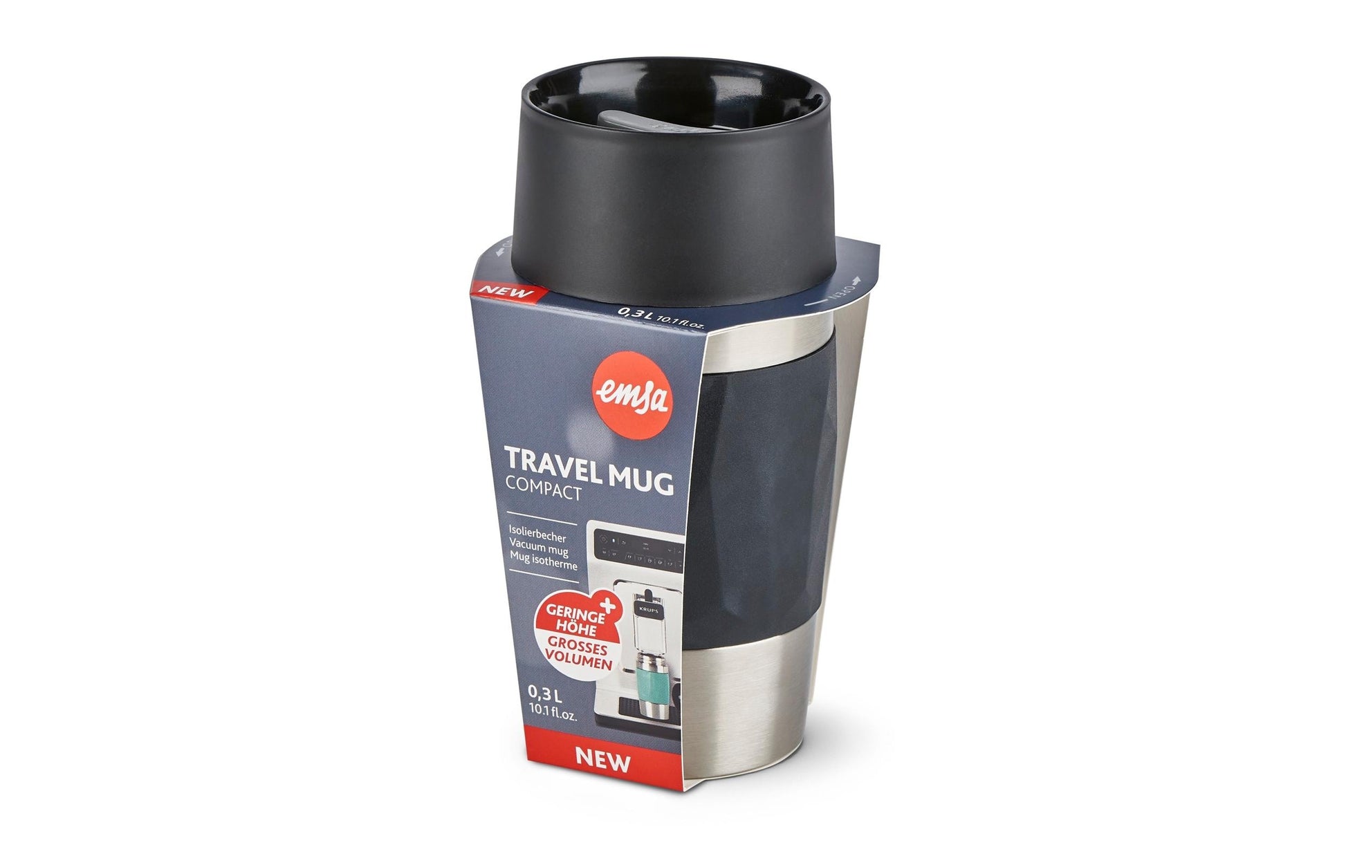 EMSA Thermobecher Travel Mug Compact – 3 dl – Edelstahl, isoliert, auslaufsicher – schwarz