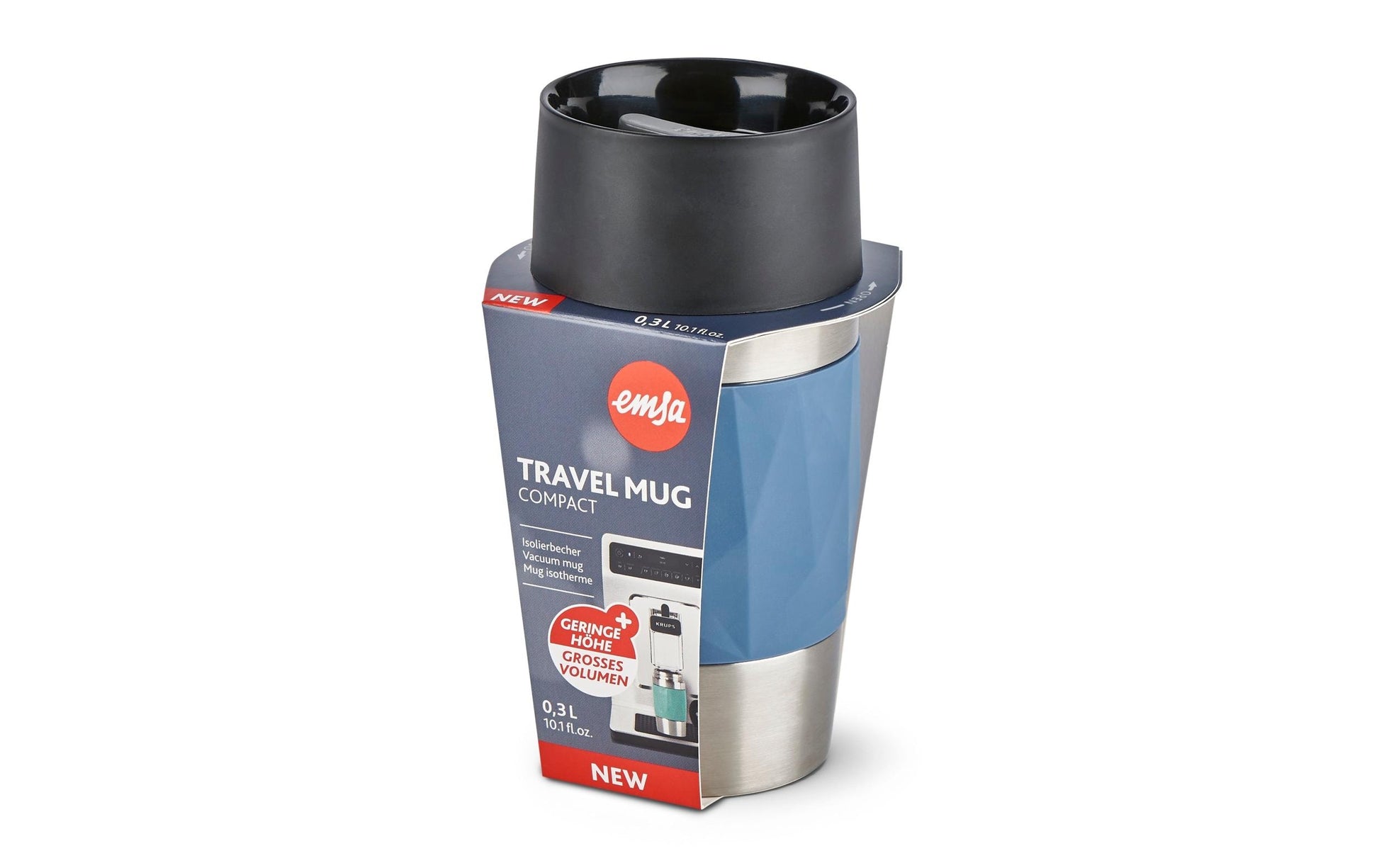 EMSA Thermobecher Travel Mug Compact – 3 dl – Edelstahl, isoliert, auslaufsicher – Blau