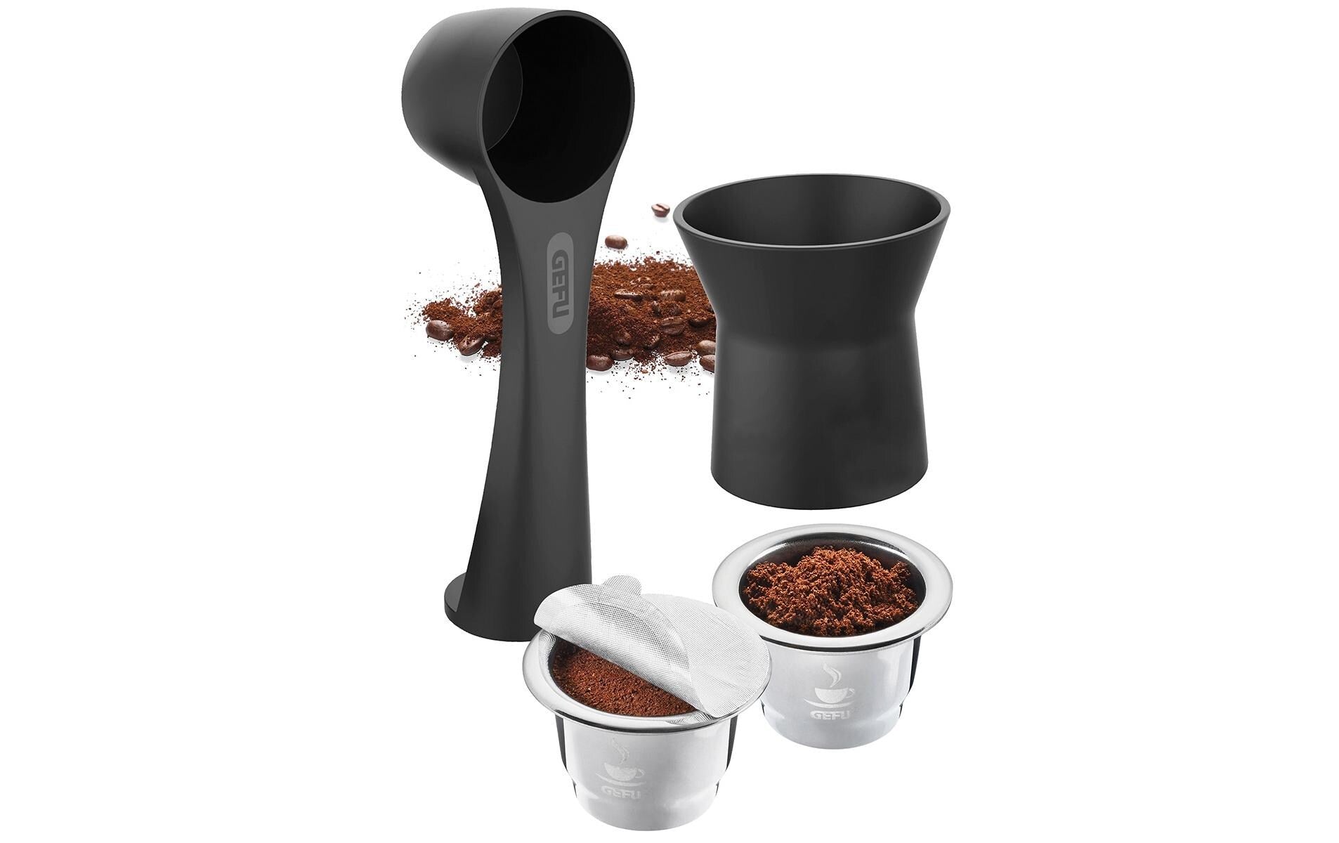 GEFU Wiederverwendbare Kaffeekapseln CONSCIO – für Nespresso-Maschinen, 8 Stk., Edelstahl/Schwarz