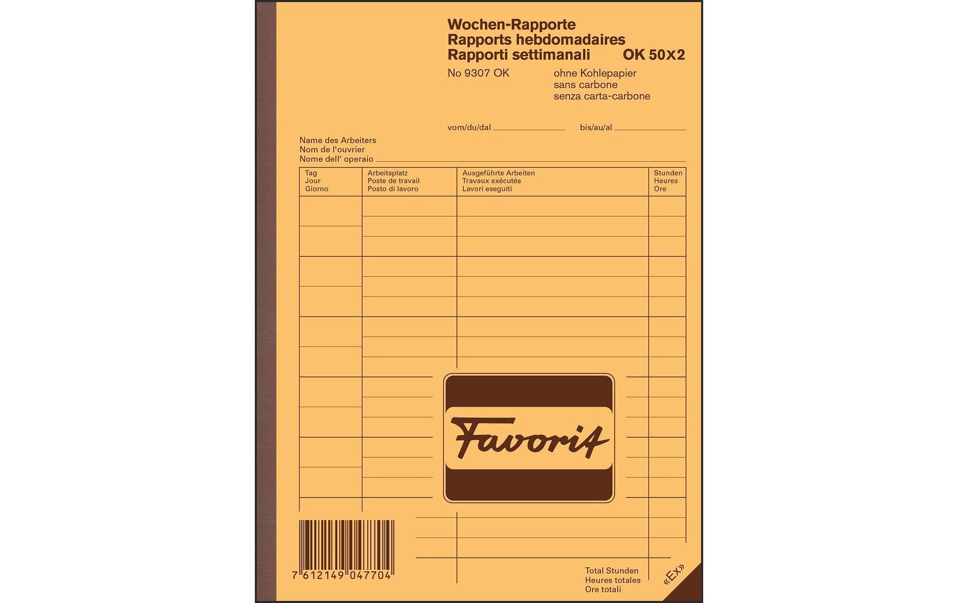 Favorit Formularblock – Wochen-Rapporte, Deutsch, Französisch, Italienisch, 50 Blatt, A5