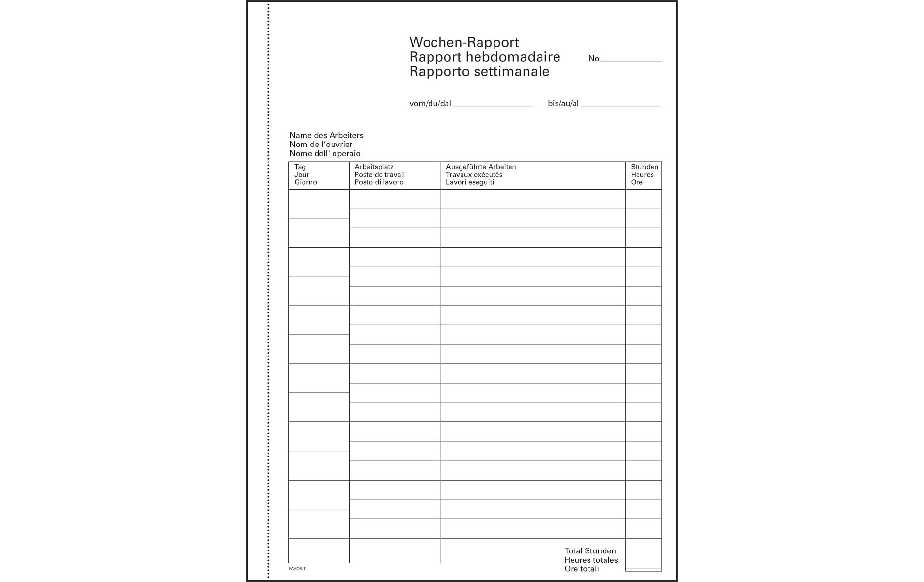 Favorit Formularblock – Wochen-Rapporte, Deutsch, Französisch, Italienisch, 50 Blatt, A5