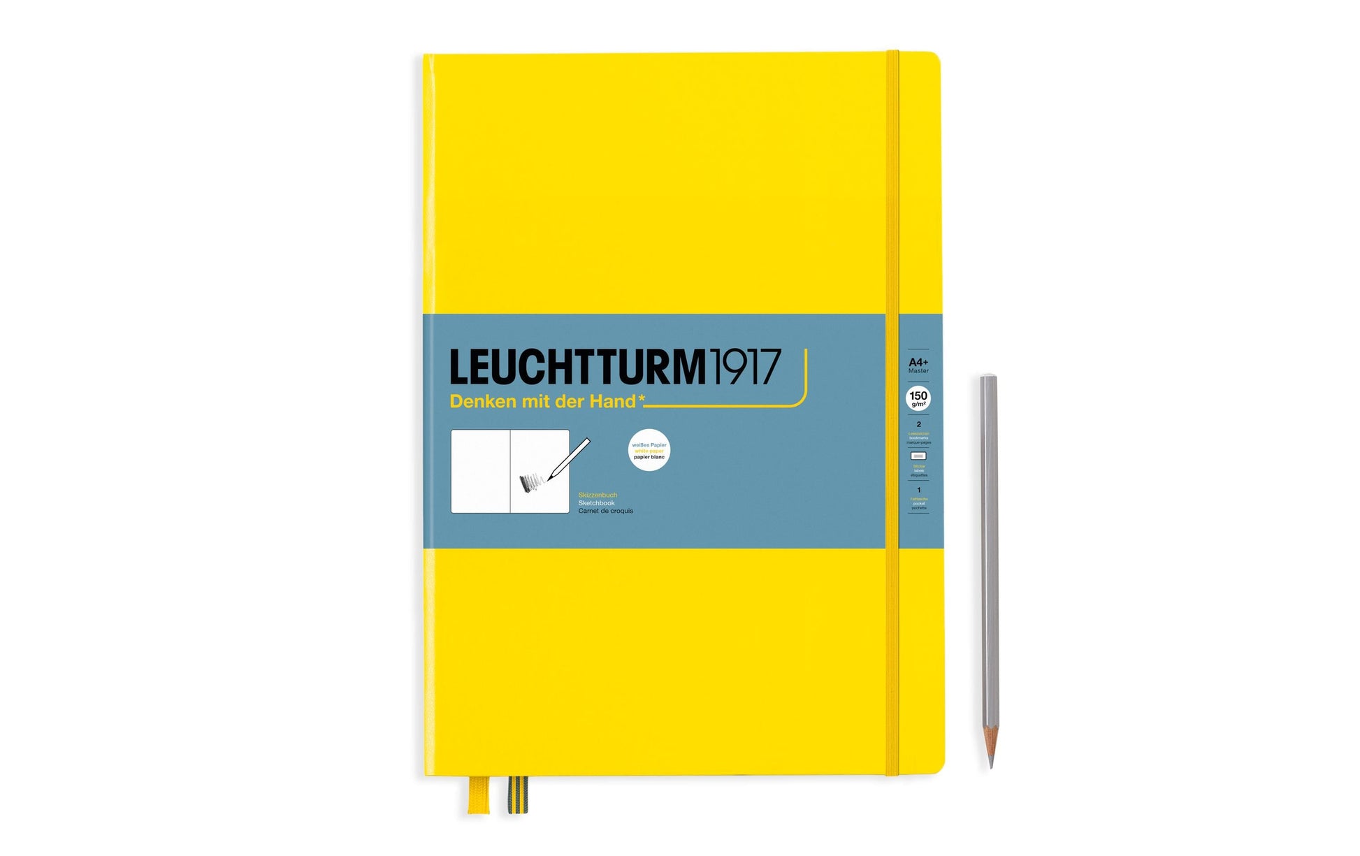 Leuchtturm Malbuch – A4+ – 150 g/m² – Hardcover – mit Gummiband – 112 Seiten – Gelb – mit Tasche