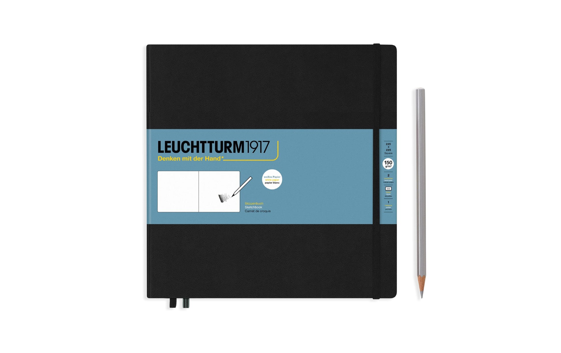 Leuchtturm Malbuch – 22,5 × 22,5 cm – 150 g/m² – Hardcover – mit Gummiband – 112 Seiten – Schwarz – mit Tasche