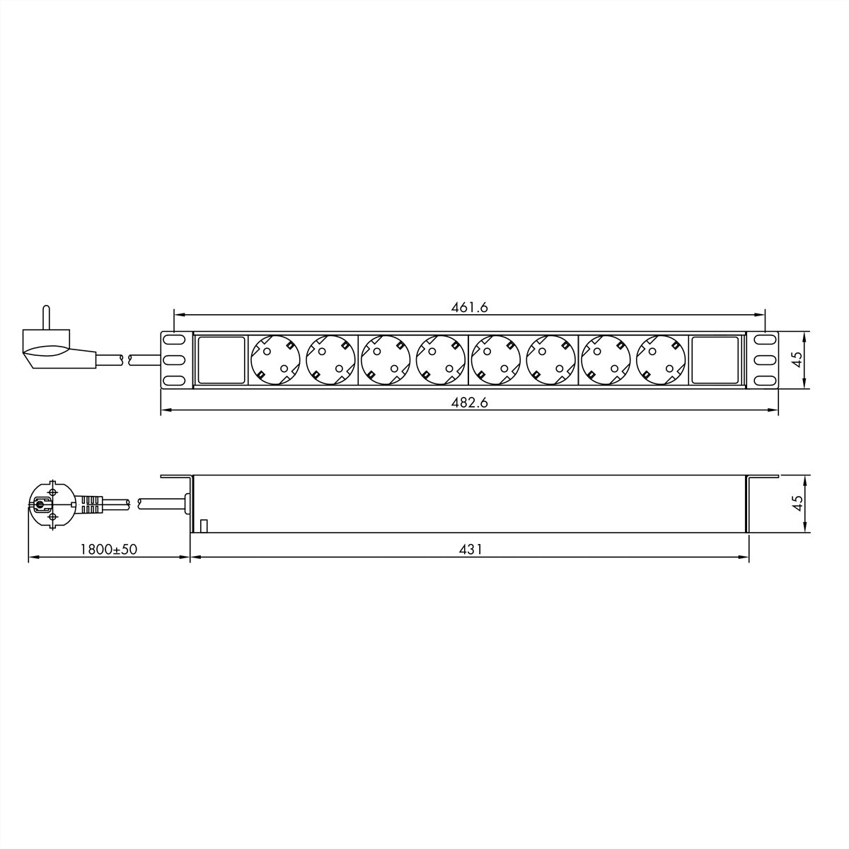 VALUE Rack-PDU 1 HE – 8× Schuko (Typ F), Schuko (CEE 7/7), 250 V/16 A, 1,8 m