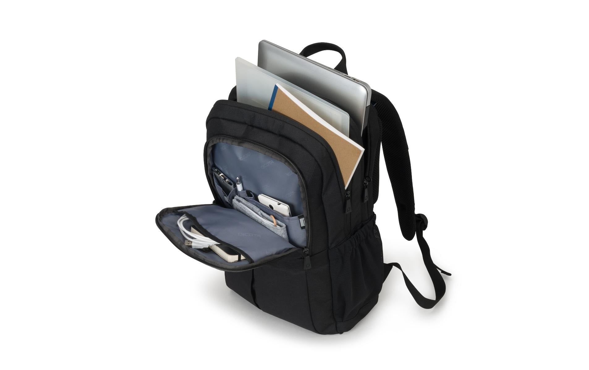 DICOTA Eco SCALE Notebook-Rucksack bis 17,3" – 100% recycelter PET, Trolley-Haltegurt – Schwarz