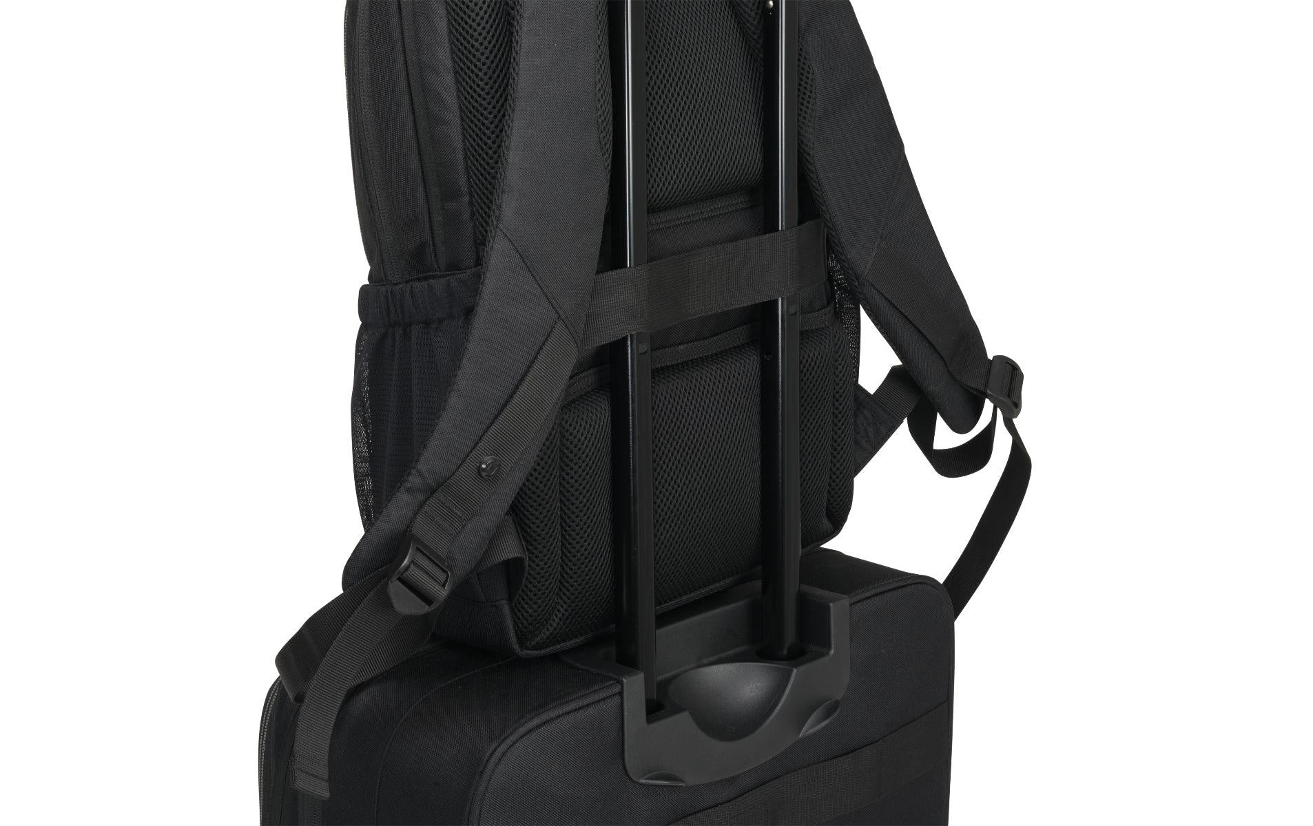 DICOTA Eco SCALE Notebook-Rucksack bis 17,3" – 100% recycelter PET, Trolley-Haltegurt – Schwarz