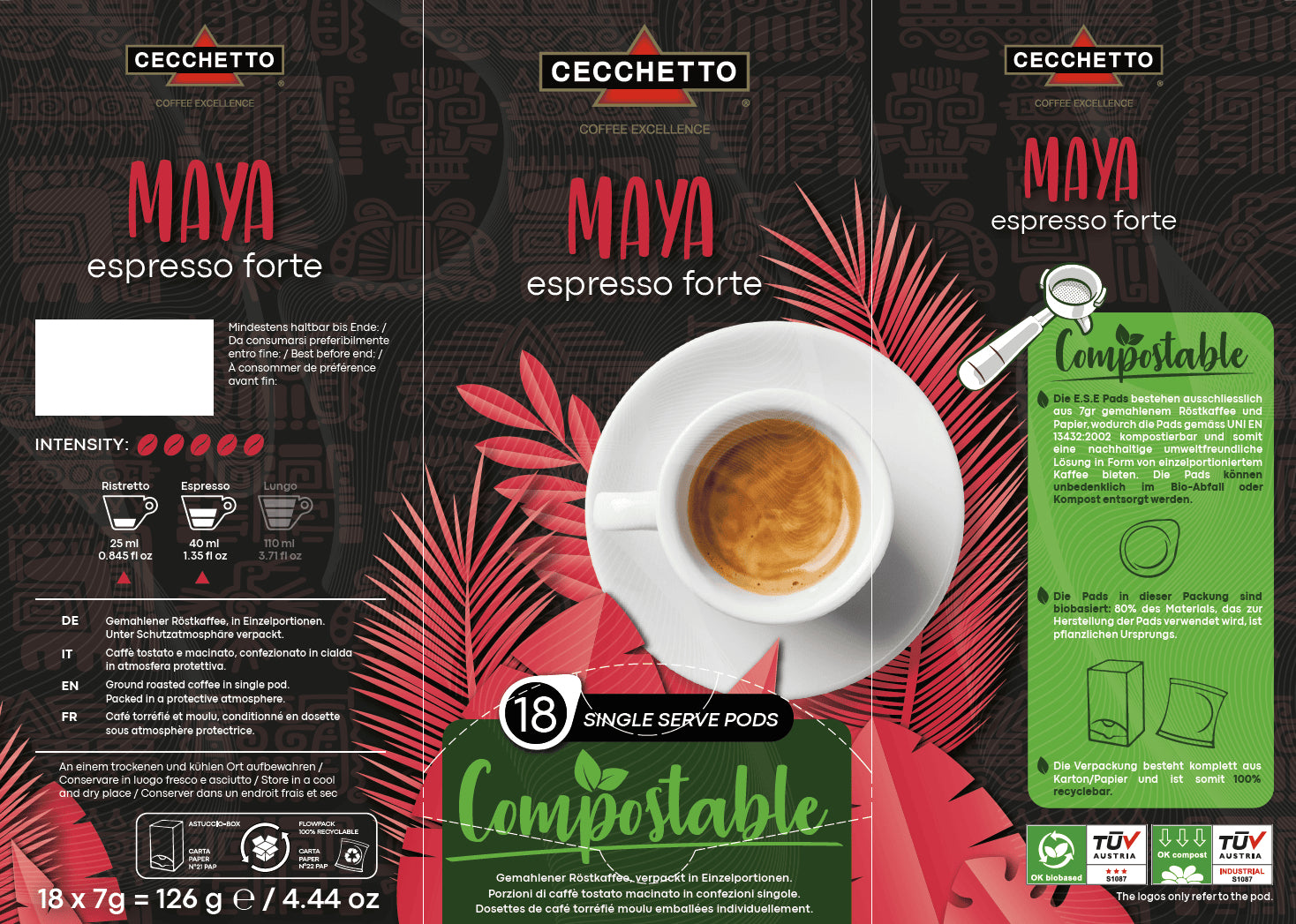 CECCHETTO Maya Espresso Forte – Kaffeepads für E.S.E. – Intensität 5, 18 Pads