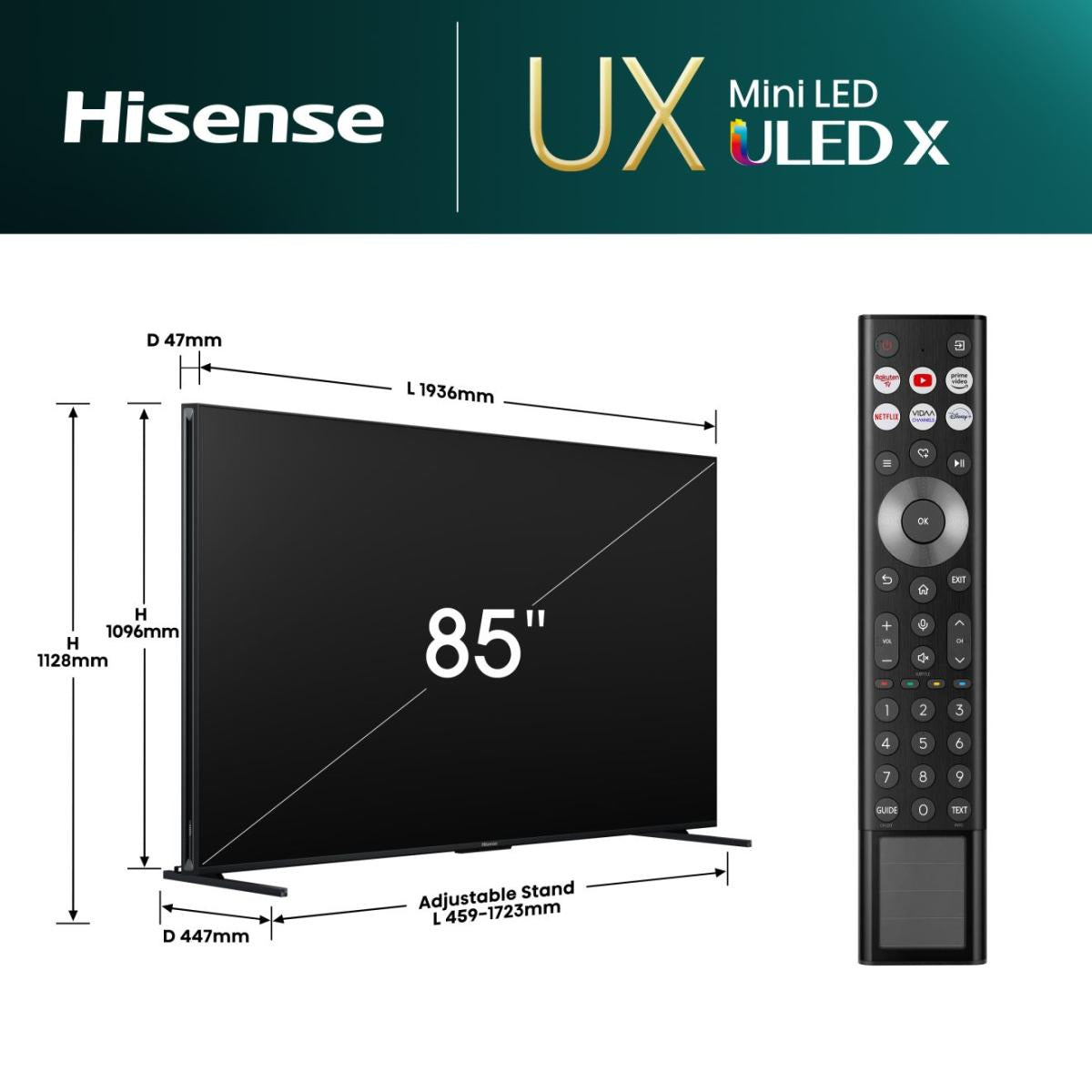 Hisense 85UXNQ – 85" TV – 4K UHD – ULED (Mini-LED) – VIDAA U9 – 165 Hz – 5000 cd/m² – Dolby Vision, HDR10+