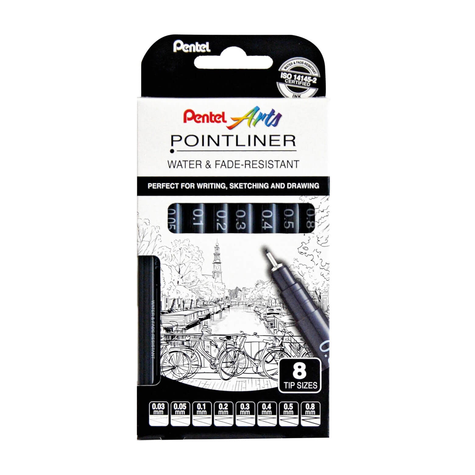 Pentel Pointliner Fineliner Set – 8 Stk., 0,03–0,8 mm, schwarz, wasserfest